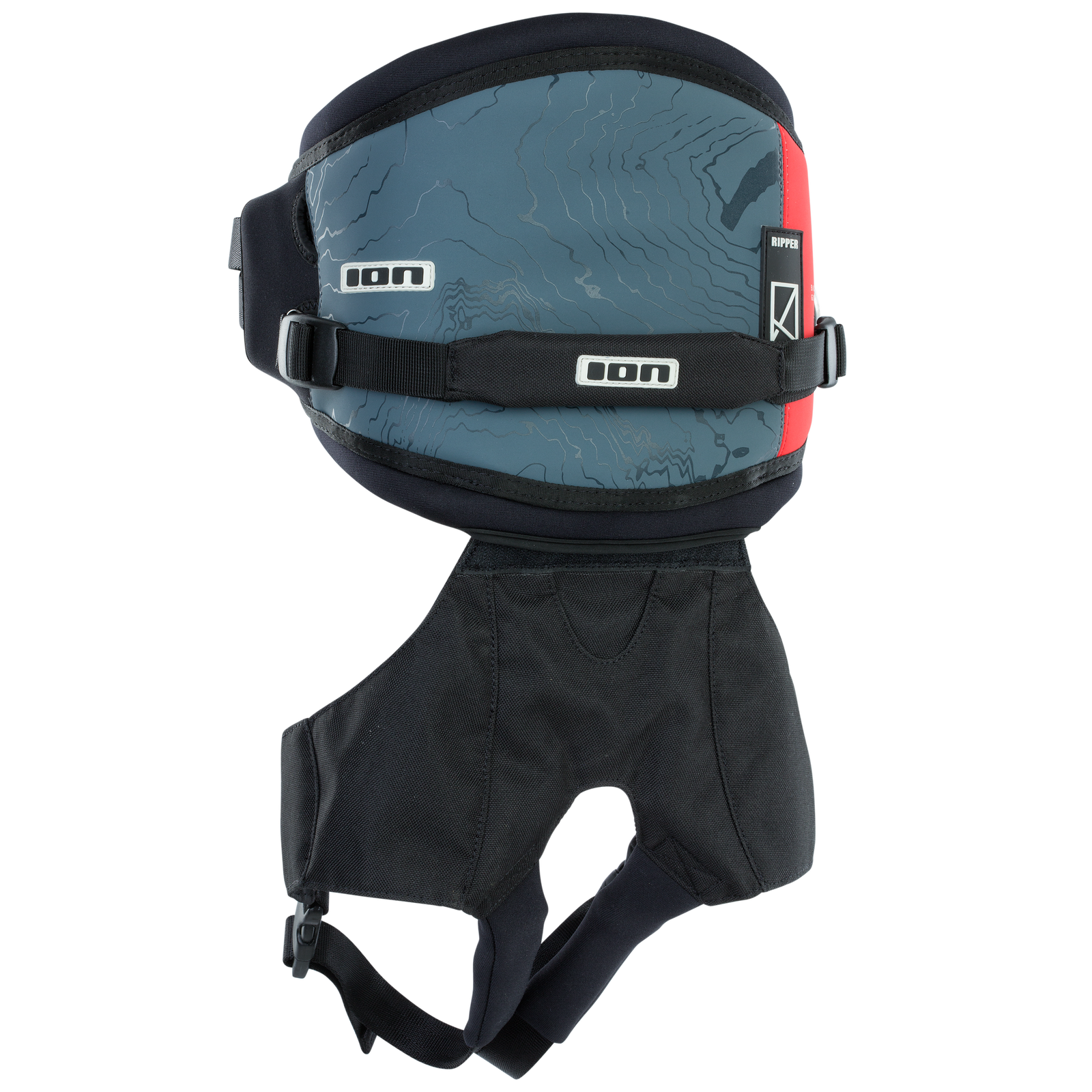 ION Ripper kids seat harness in steel blue and black with leg straps