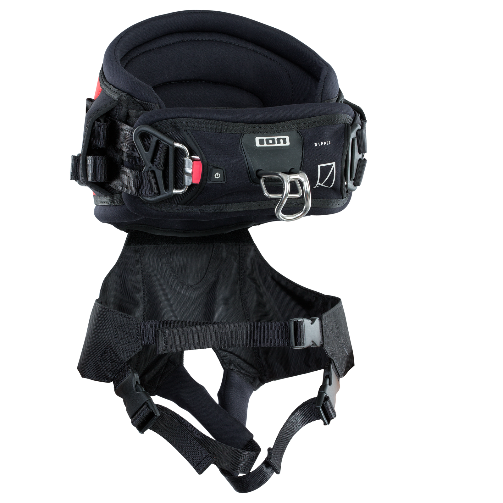 ION Ripper kids seat harness in black with leg straps and quick-release buckle