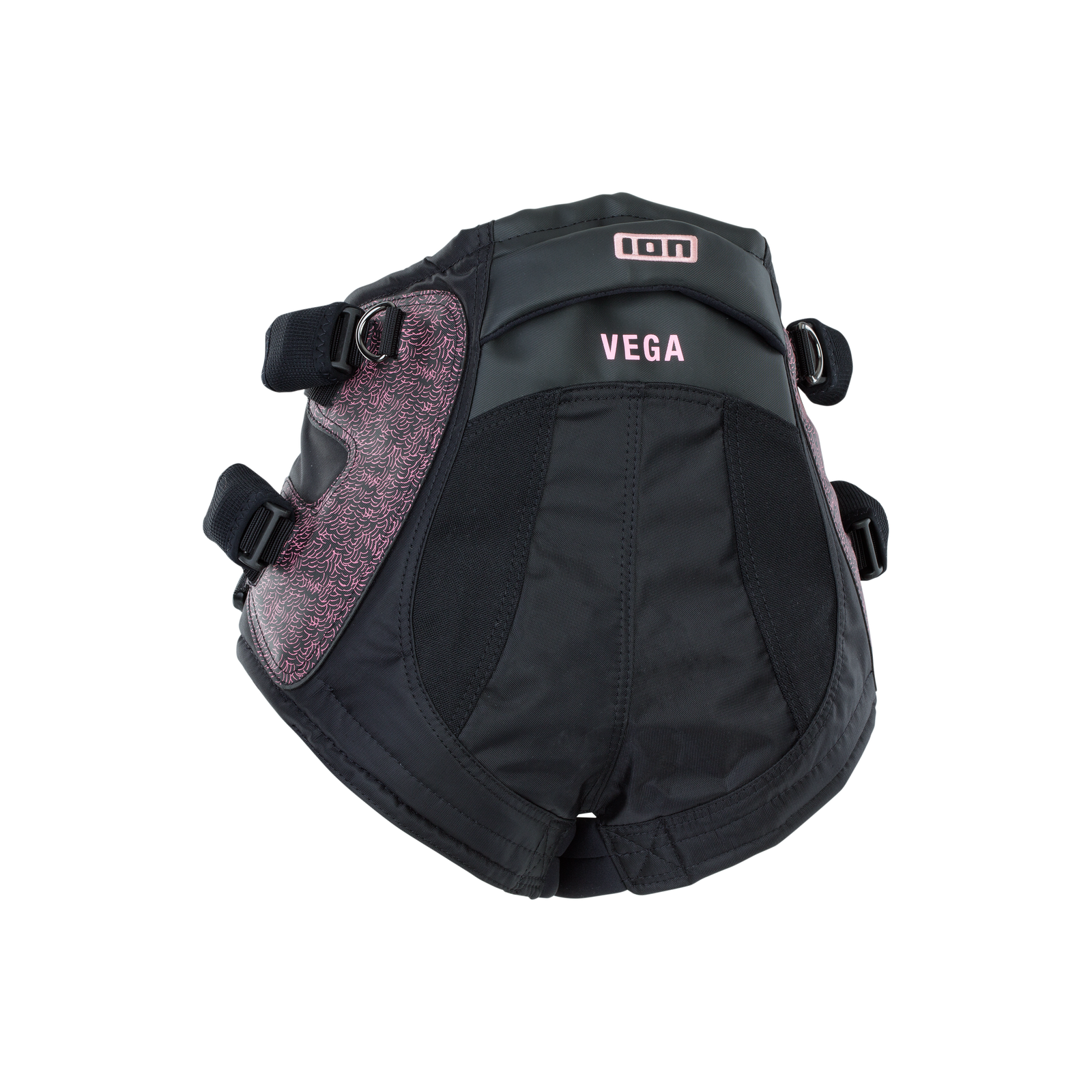 ION Vega soft seat harness in black and rose pink with adjustable leg straps