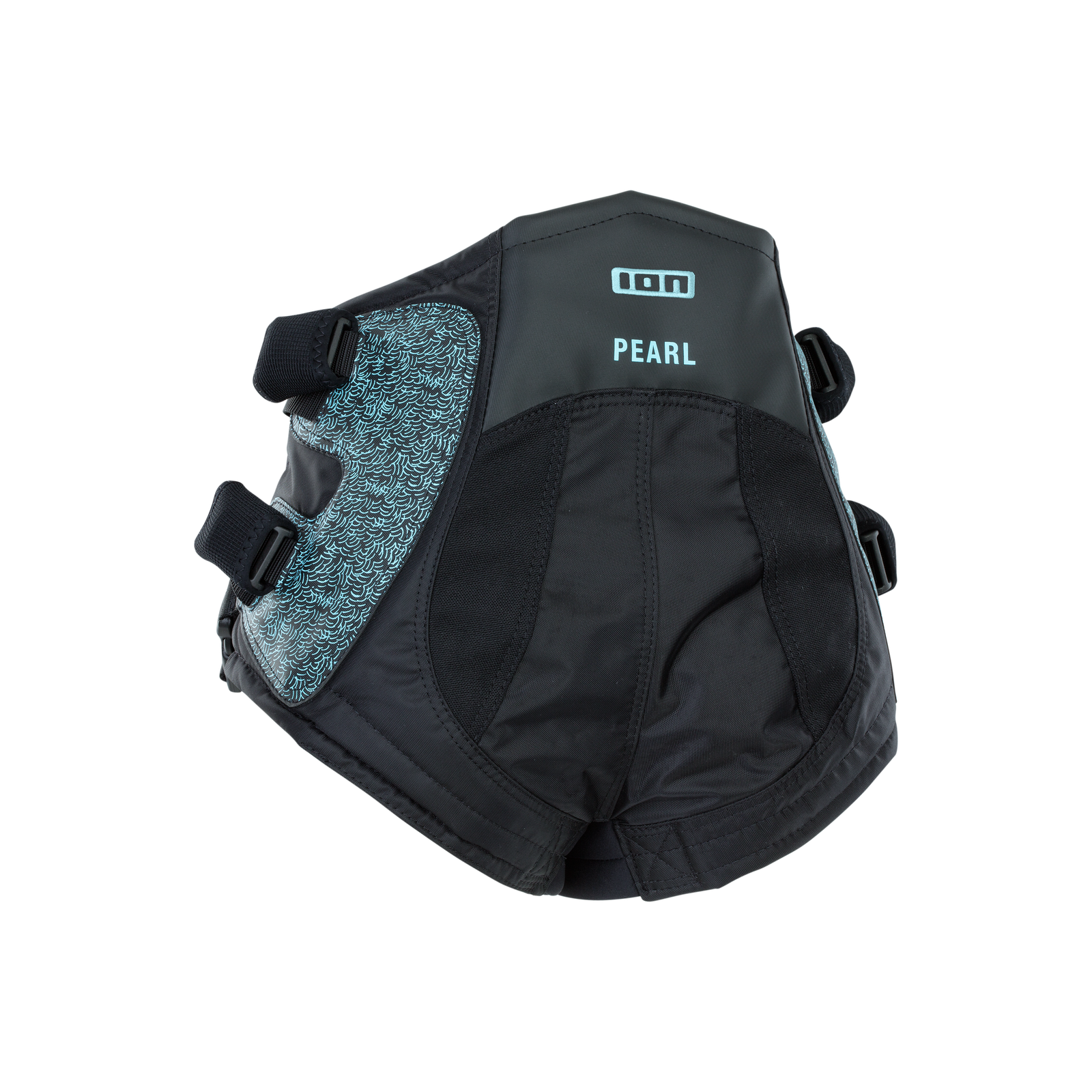 ION Pearl seat harness in black and teal with side buckle straps and leg strap attachments
