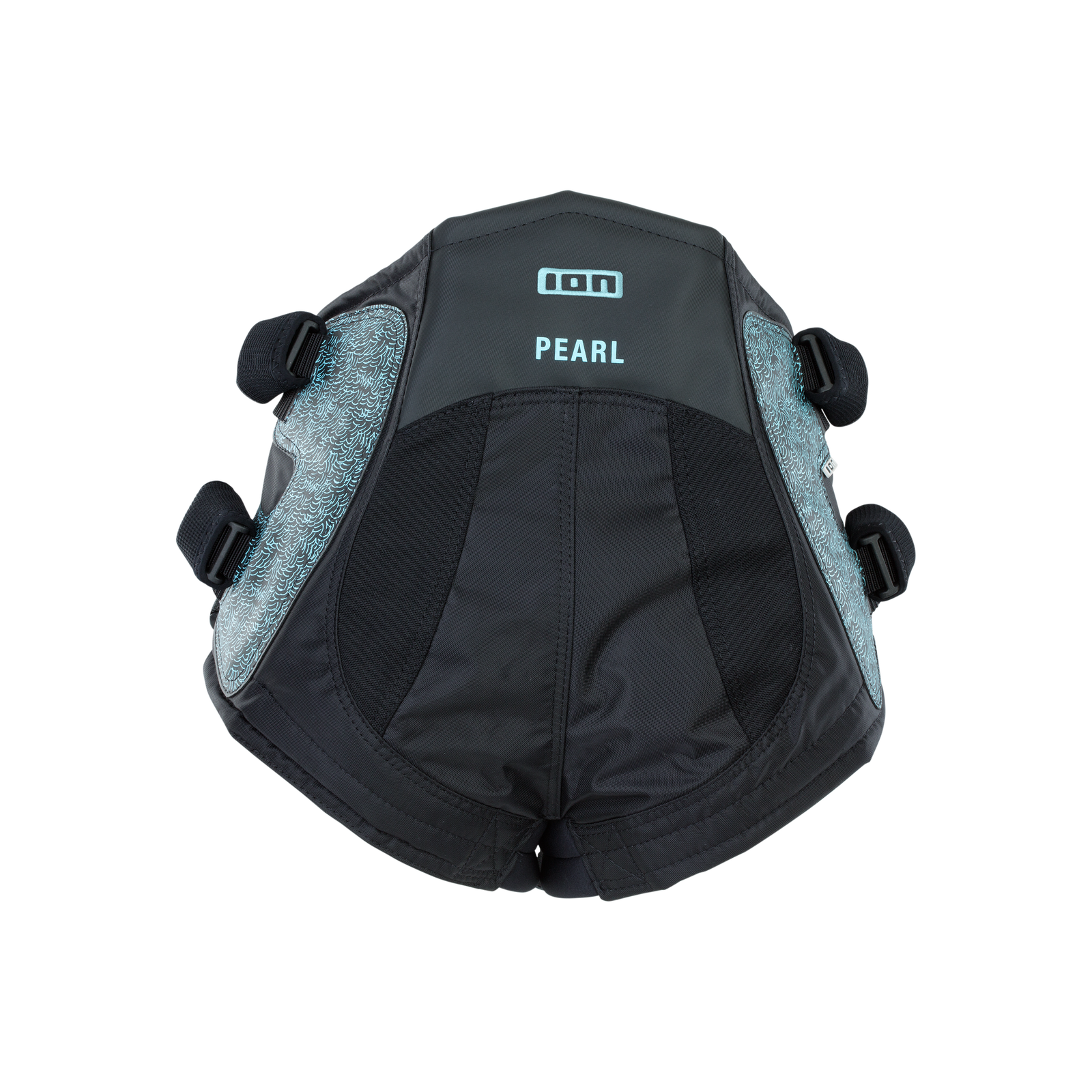 ION Pearl seat harness in black with mint logo and printed side panels