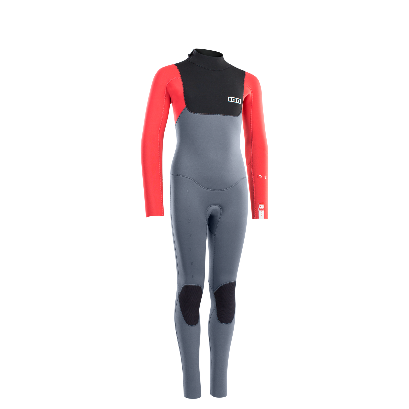 ION Capture 4/3mm back-zip junior fullsuit wetsuit in grey and coral red