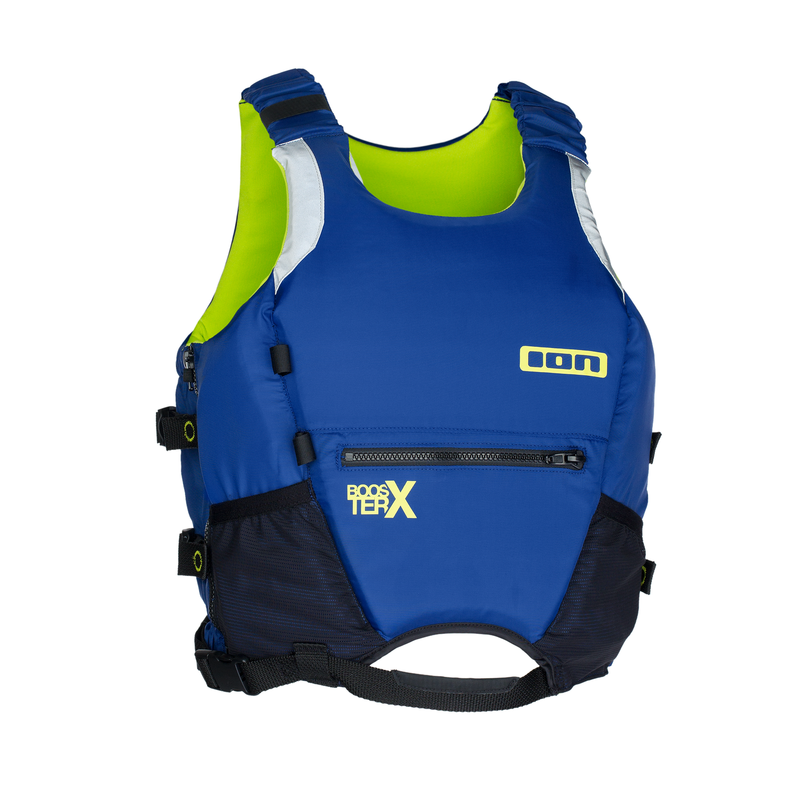 ION Booster X side-zip impact vest in royal blue and lime green, front view