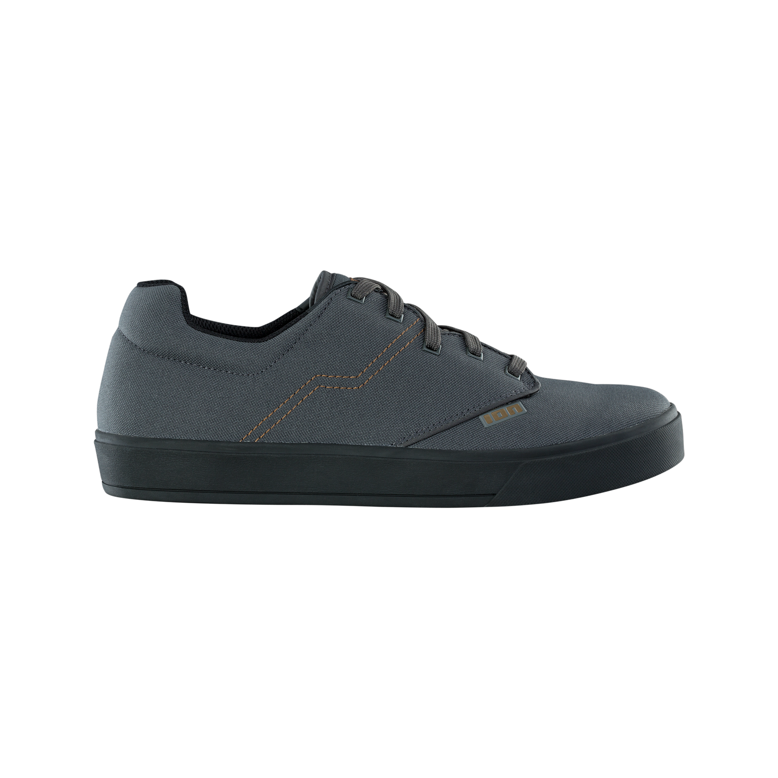 ION Seek unisex flat-pedal bike shoe in grey with black outsole, right lateral view