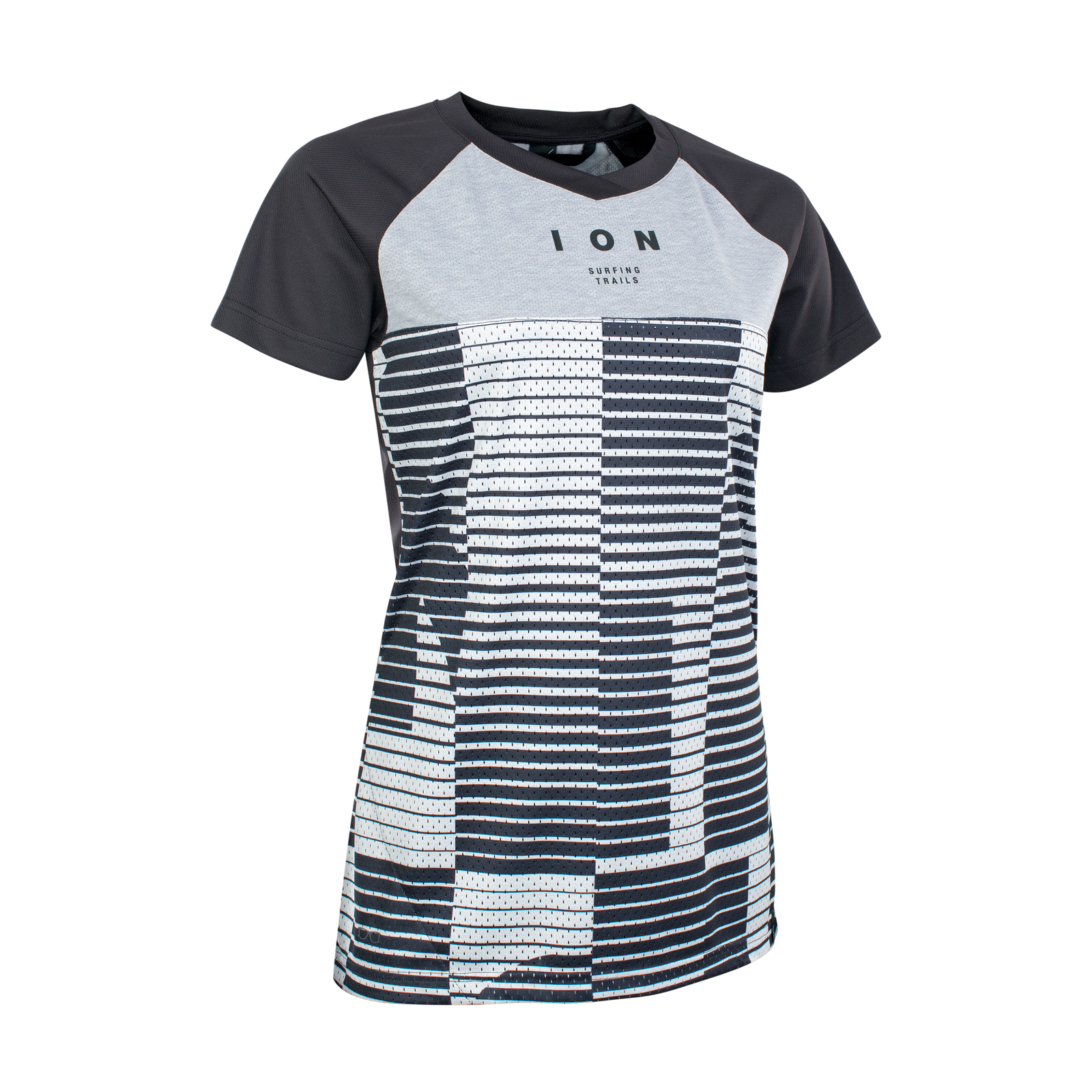 ION Bike Scrub AMP Mesh_ine women's cycling jersey short sleeve in charcoal and light grey for mountain biking