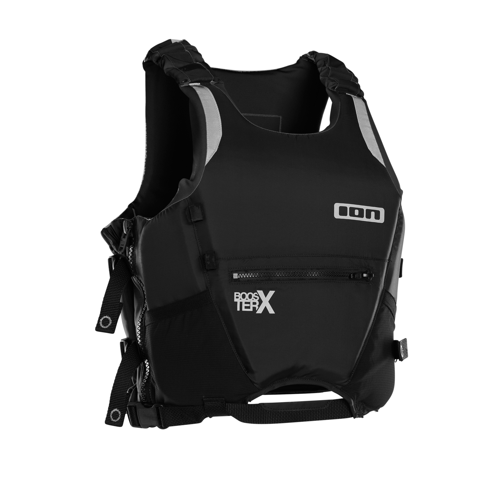 ION Booster X side-zip impact vest in black with 50N approval, three-quarter view