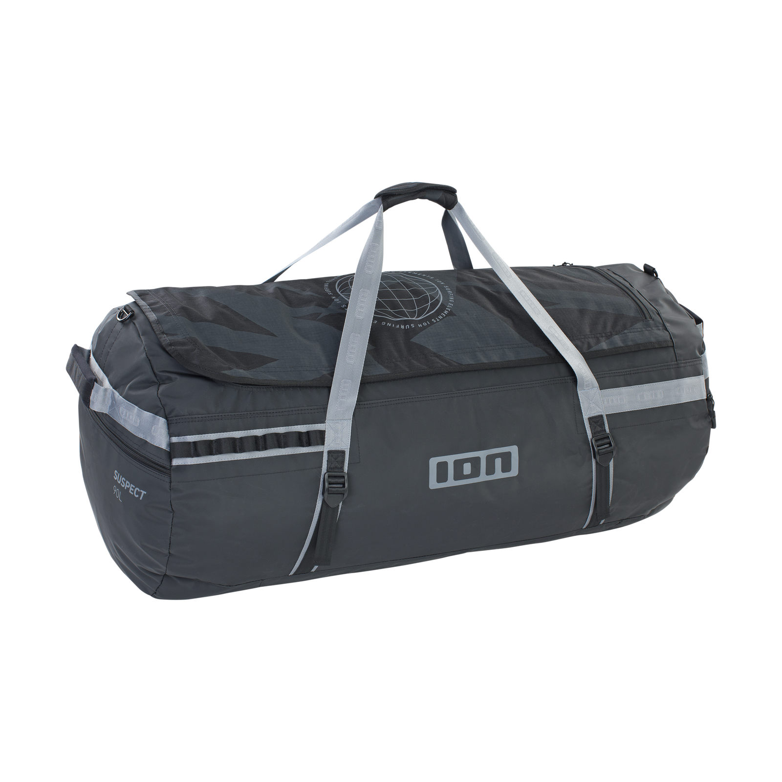ION Suspect duffel bag 90l in dark charcoal grey with backpack and shoulder carry system