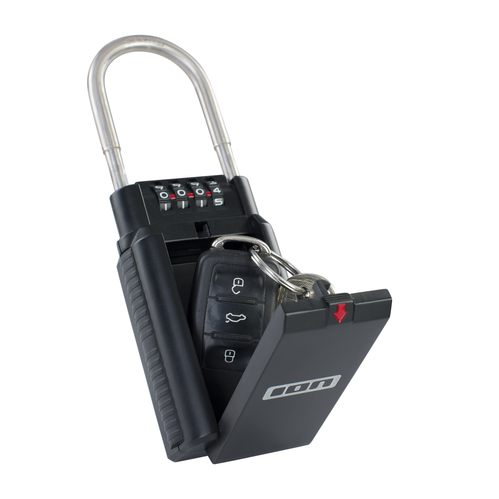 ION Keysafe combination lockbox with 4-digit code and stainless steel shackle in black, open view