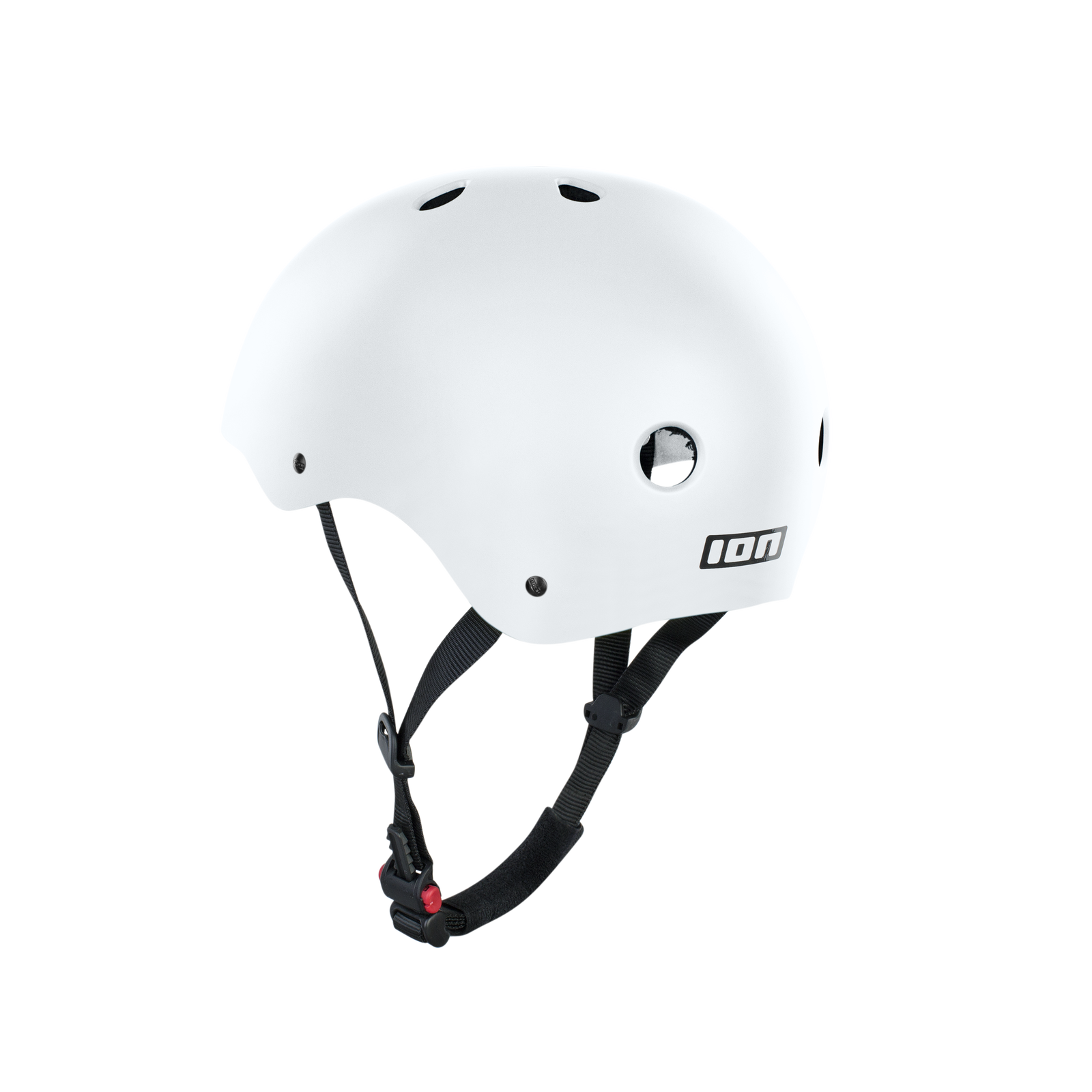 ION Hardcap Core helmet in white with black chin straps, three-quarter view
