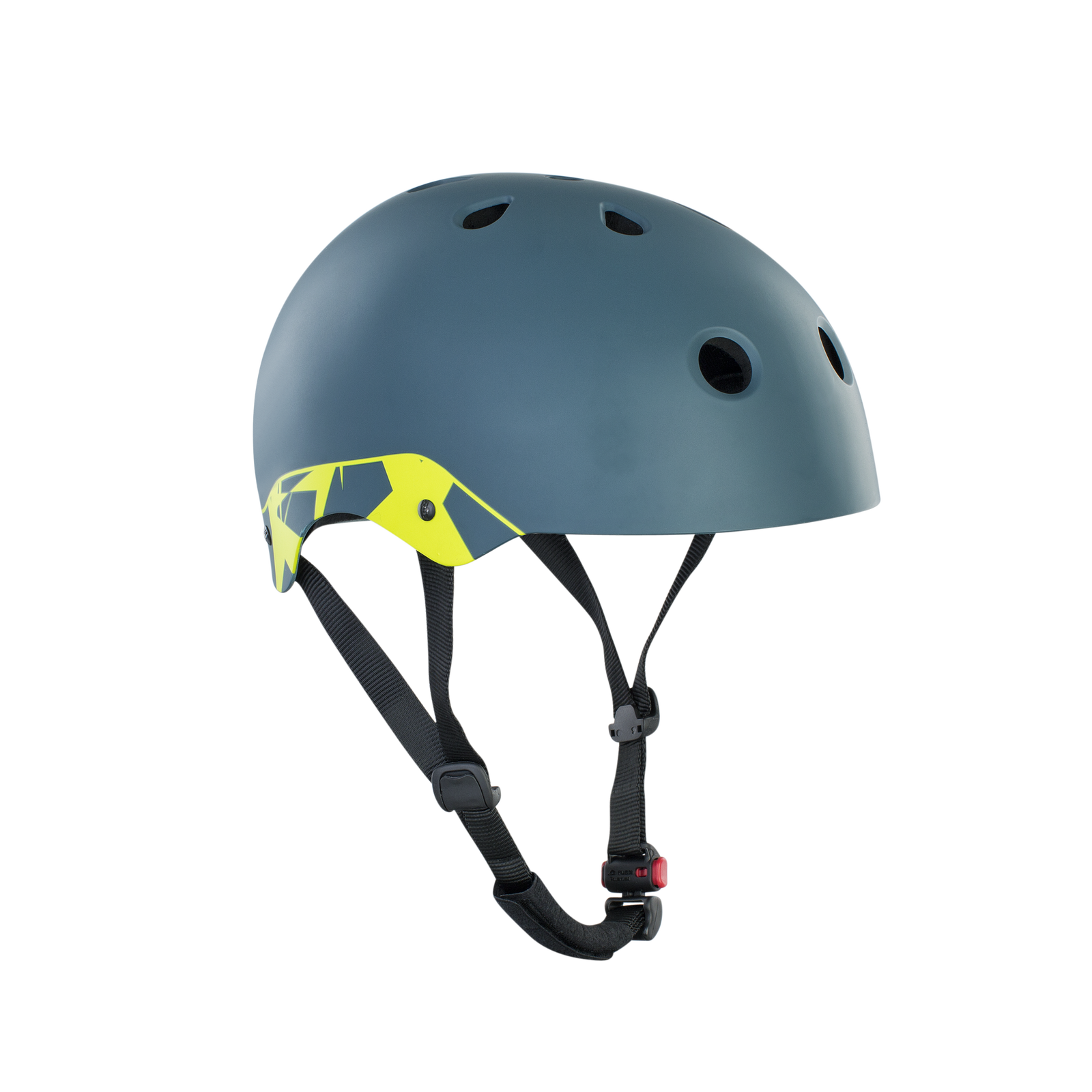 ION Hardcap Amp helmet in dark teal and neon yellow-green with adjustable straps, three-quarter view