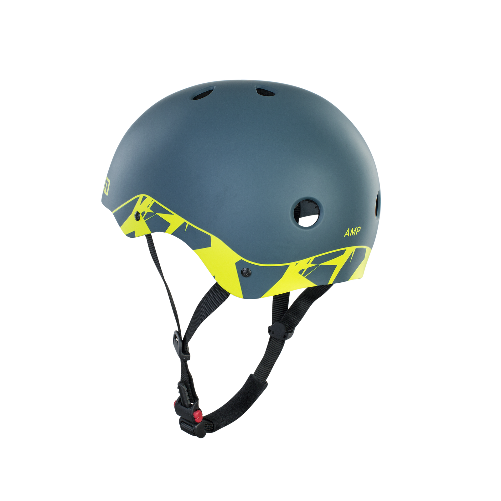 ION Hardcap Amp helmet in dark teal and lime with adjustable chin strap