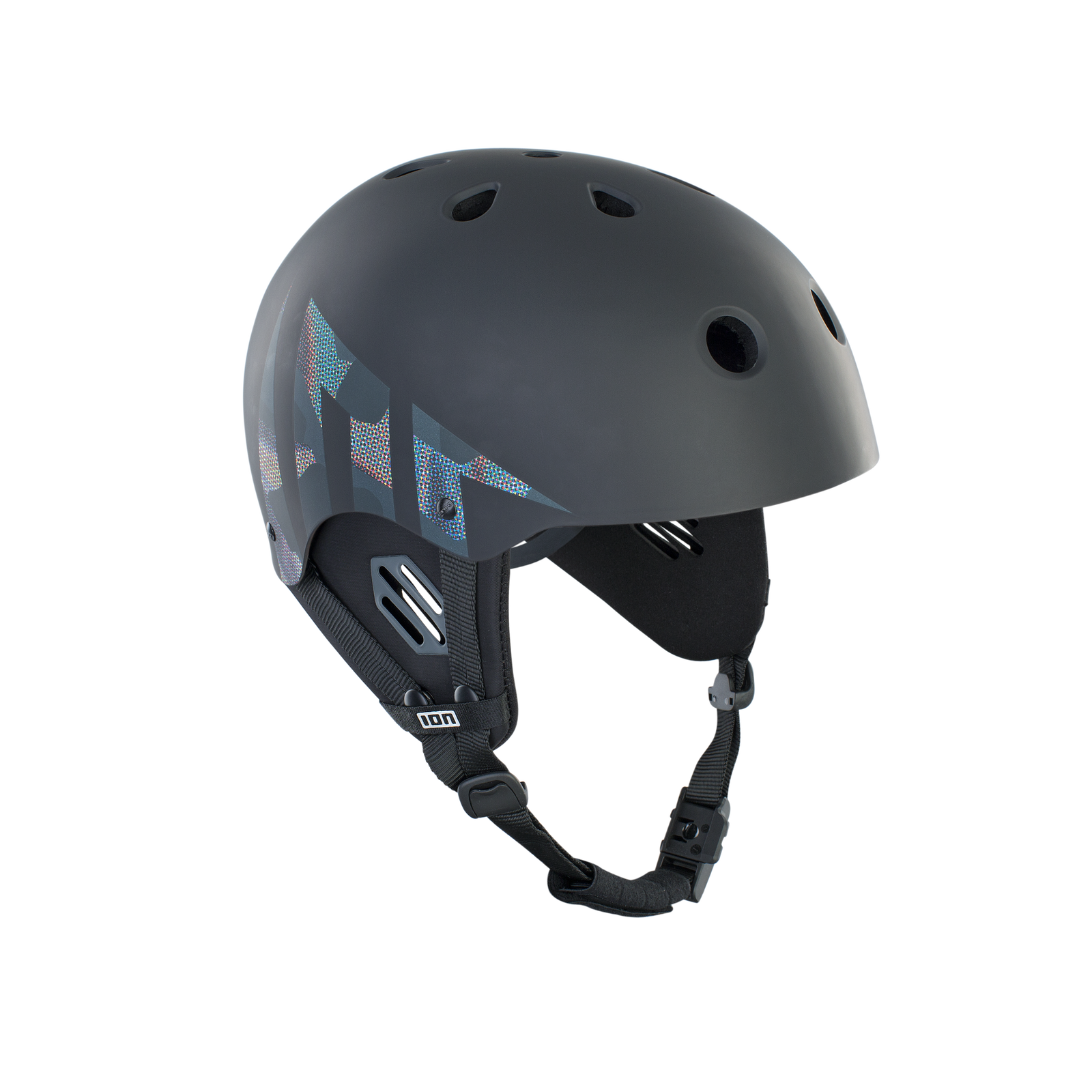 ION Hardcap Select helmet in dark grey with iridescent graphic and adjustable chin strap