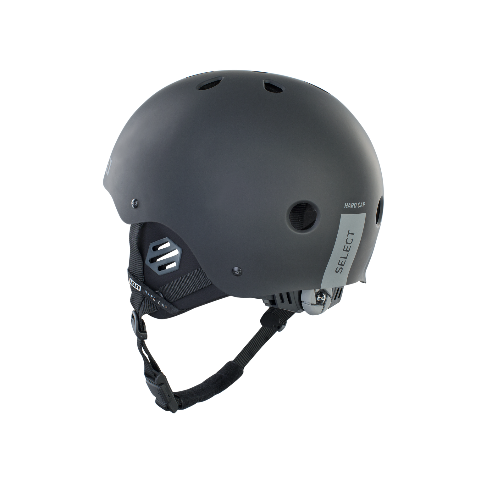 ION Hardcap Select helmet in dark grey with Fidlock magnetic buckle, three-quarter view
