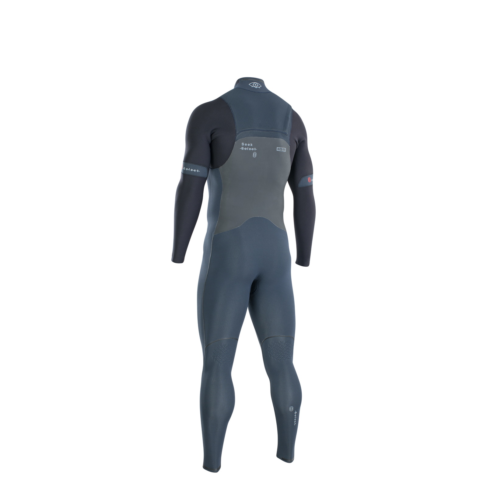 ION Seek Select 4/3mm front-zip fullsuit wetsuit in slate blue and charcoal, back view