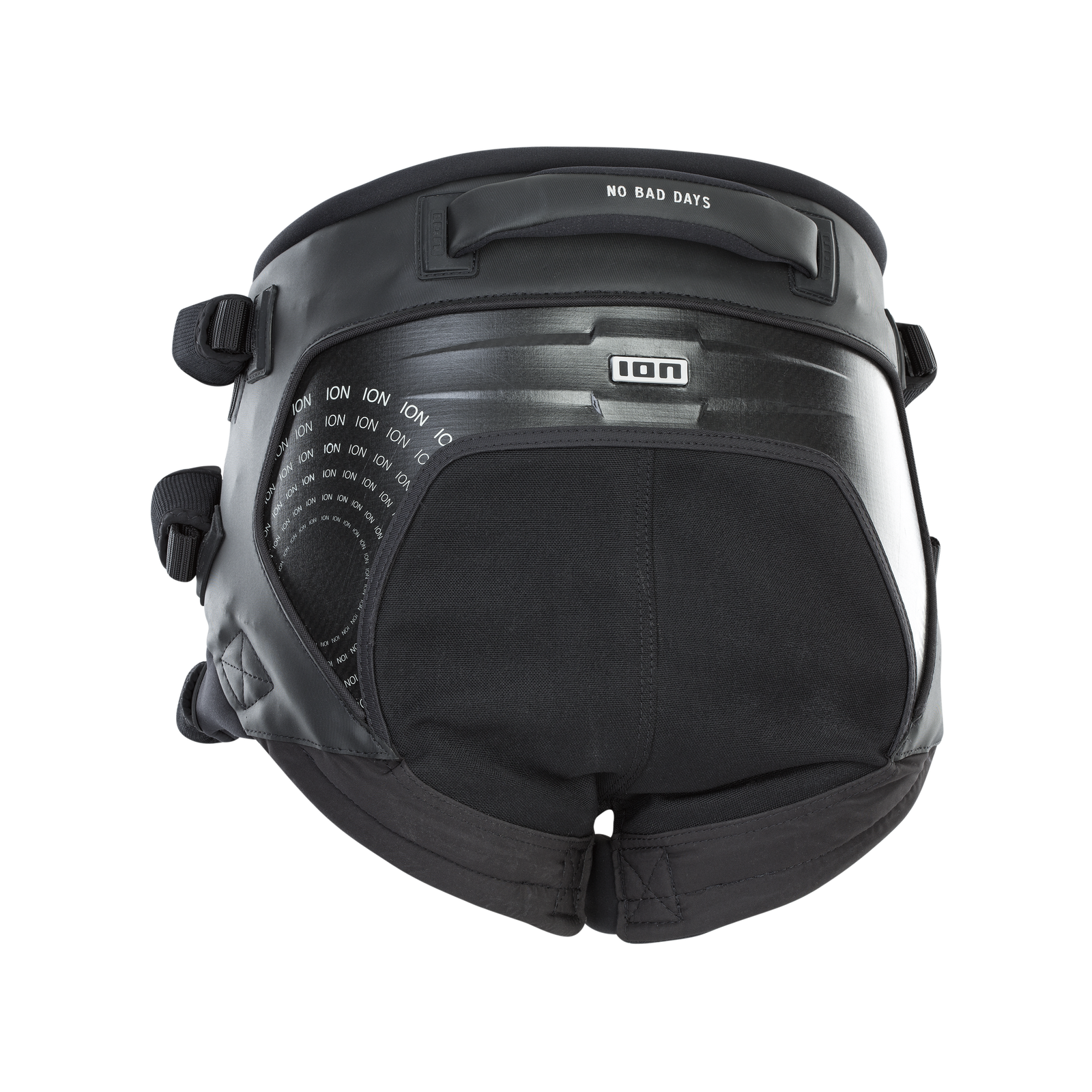 ION Radar seat kite harness in black with Curv back plate and leg straps