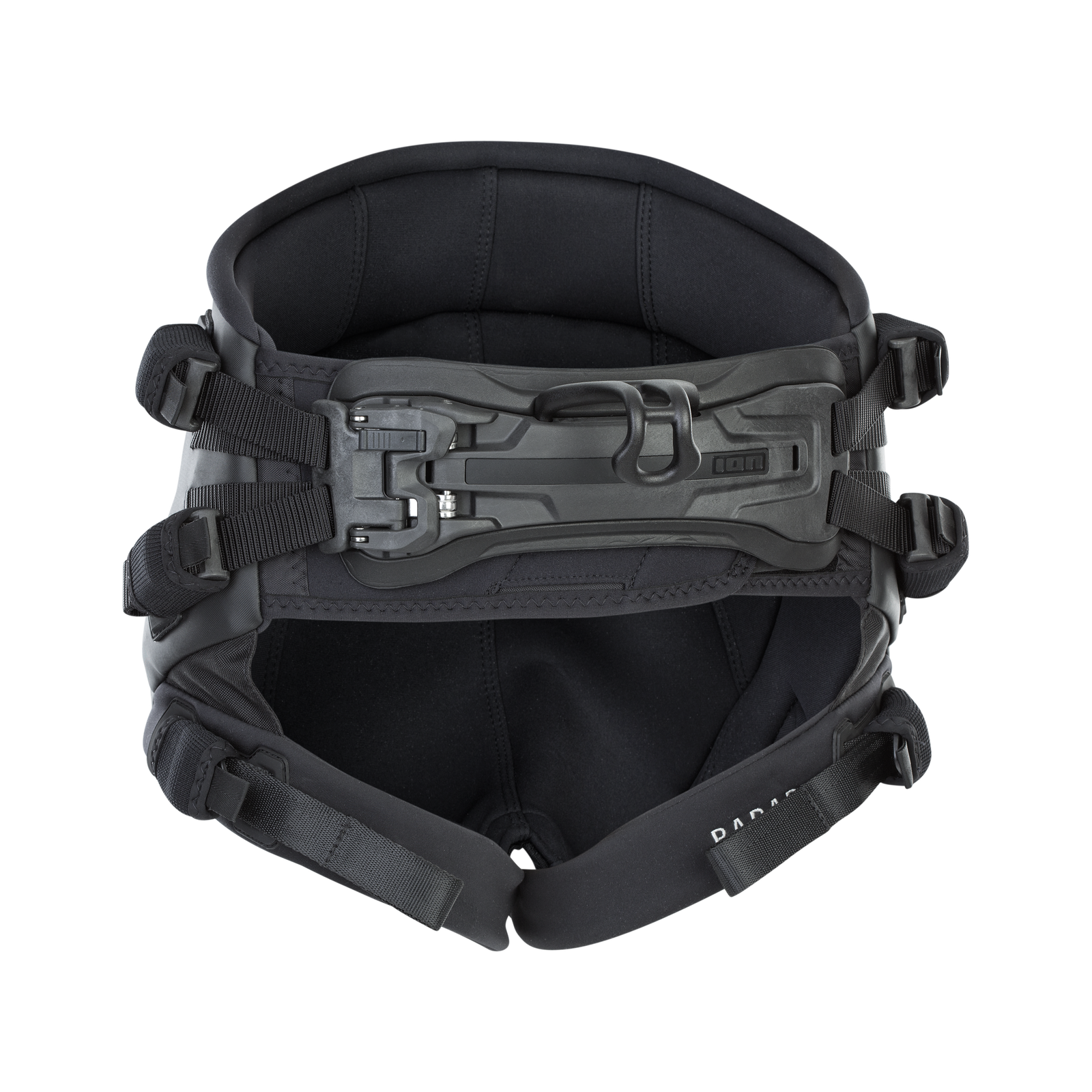 ION Radar seat kite harness in black with spreader bar hook and adjustable leg straps