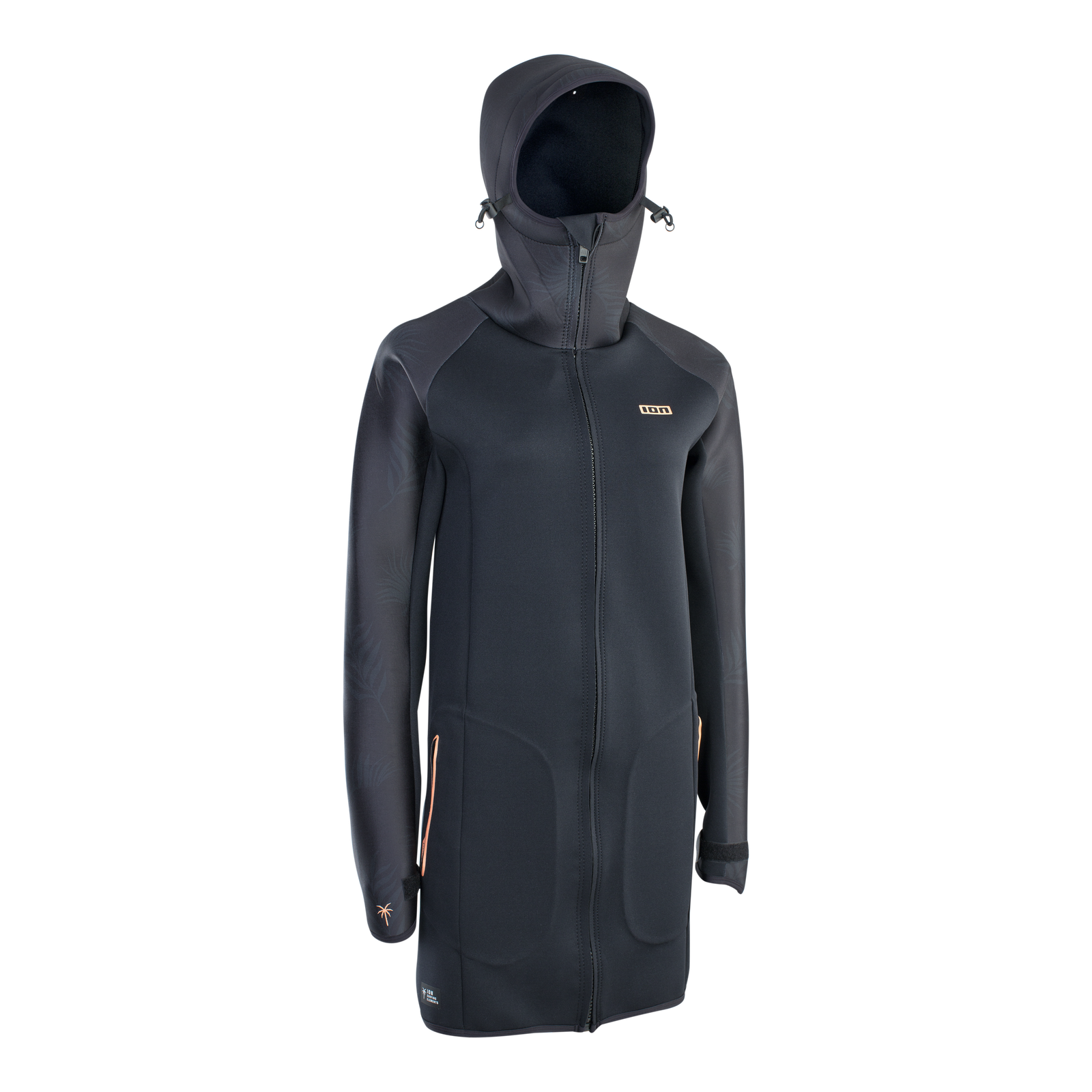 Manteau néoprène ION Neo Cosy Coat Core femme en noir avec capuche ajustable et poignets velcro