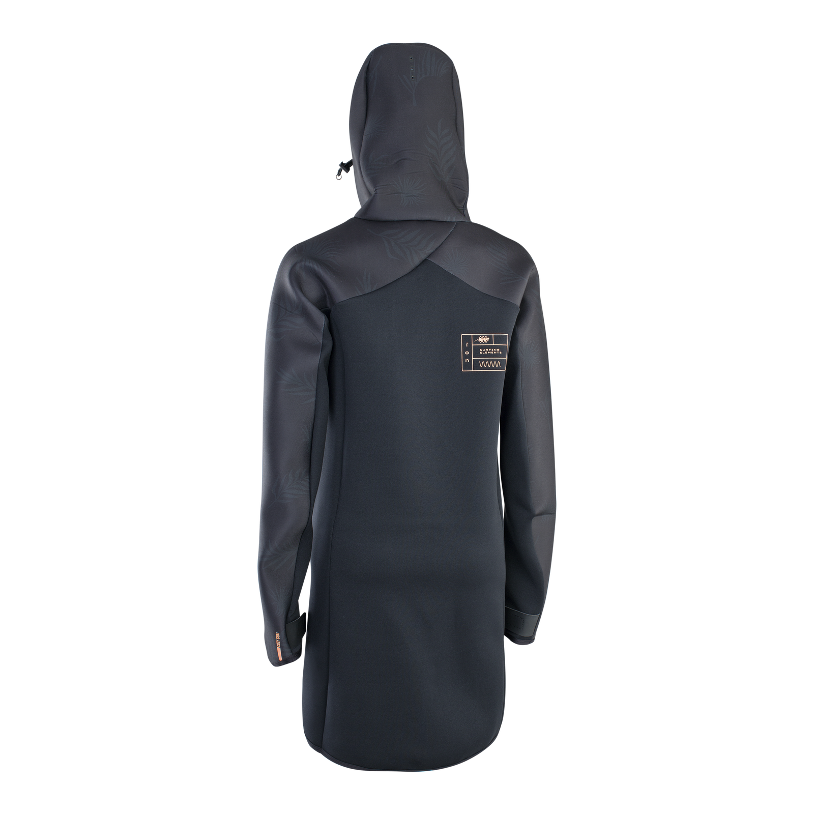 ION Neo Cosy Coat Core manteau néoprène femme en noir charbon avec capuche, vue de dos