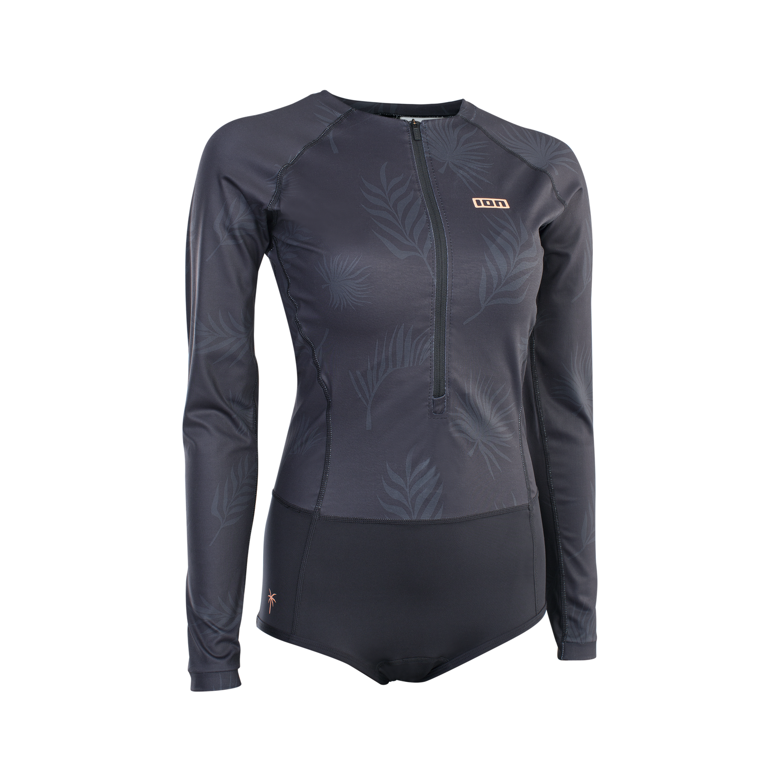 ION Swimsuit LS Damen Langarm-Badeanzug in dunkelgrau mit tropischem Print und Frontreißverschluss