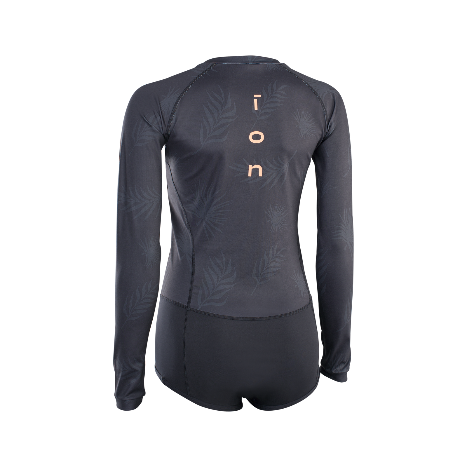 ION Swimsuit LS Damen Langarm-Badeanzug in dunkel anthrazit mit tropischem Muster, Rückenansicht