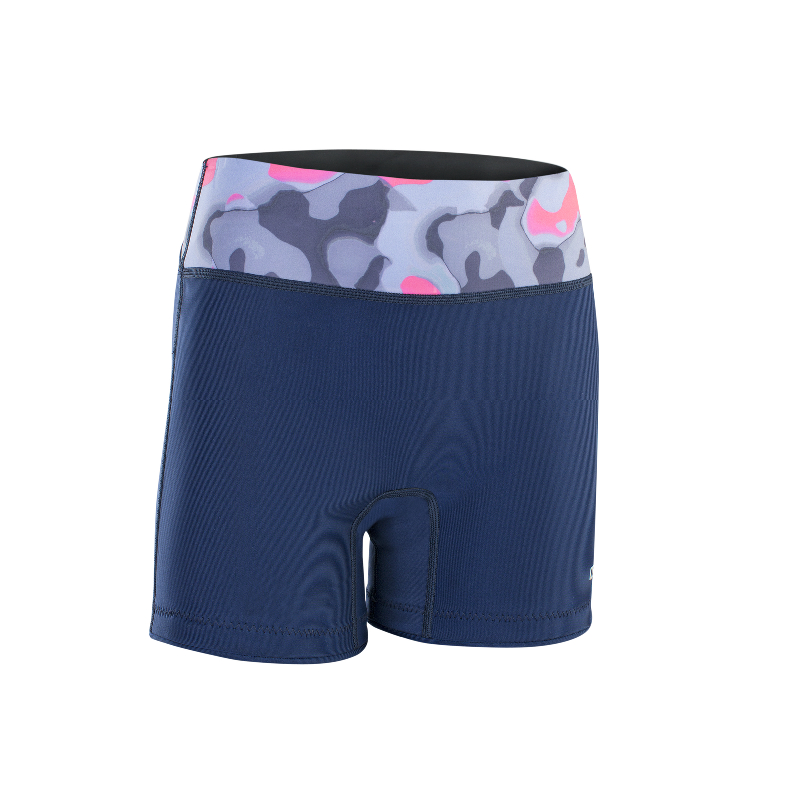 ION Neo Shorts short néoprène femme en bleu marine avec ceinture camouflage grise et rose