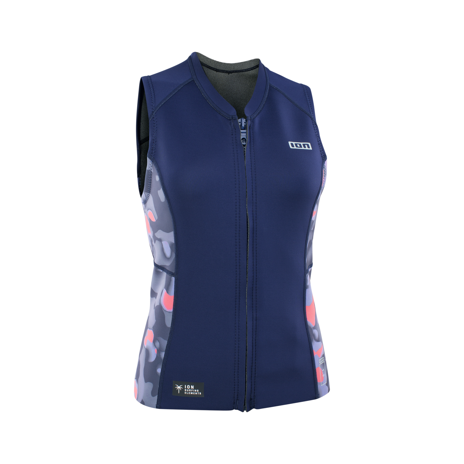 ION Neo Zip Top 1.5 SS top néoprène sans manches femme en bleu marine avec panneaux latéraux camouflage