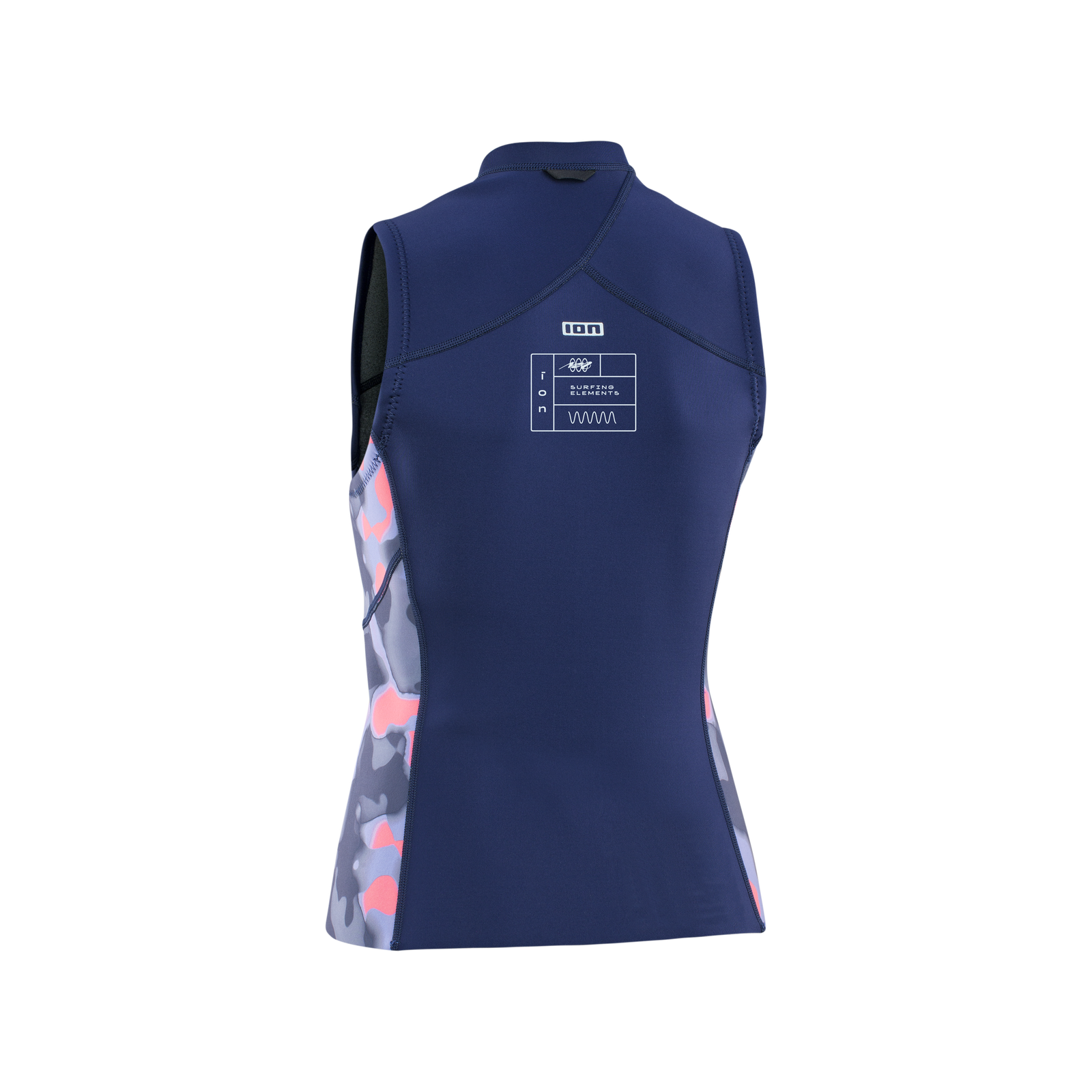 ION Neo Zip Top 1.5mm top néoprène sans manches femme en bleu marine avec panneaux latéraux camouflage corail et gris
