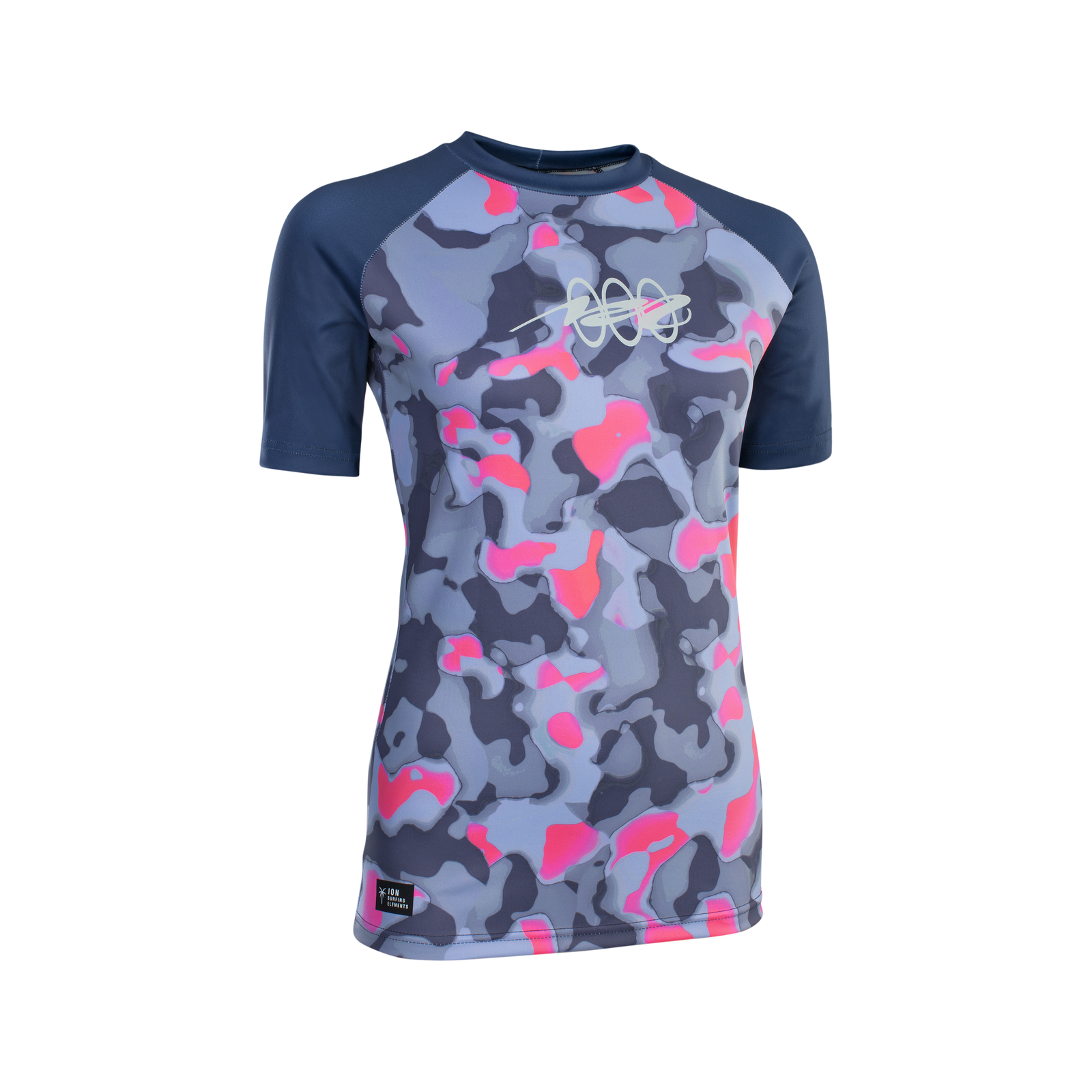 ION Lizz Rashguard Kurzarm Damen in marineblau mit blaugrauem und pink Camouflage-Print