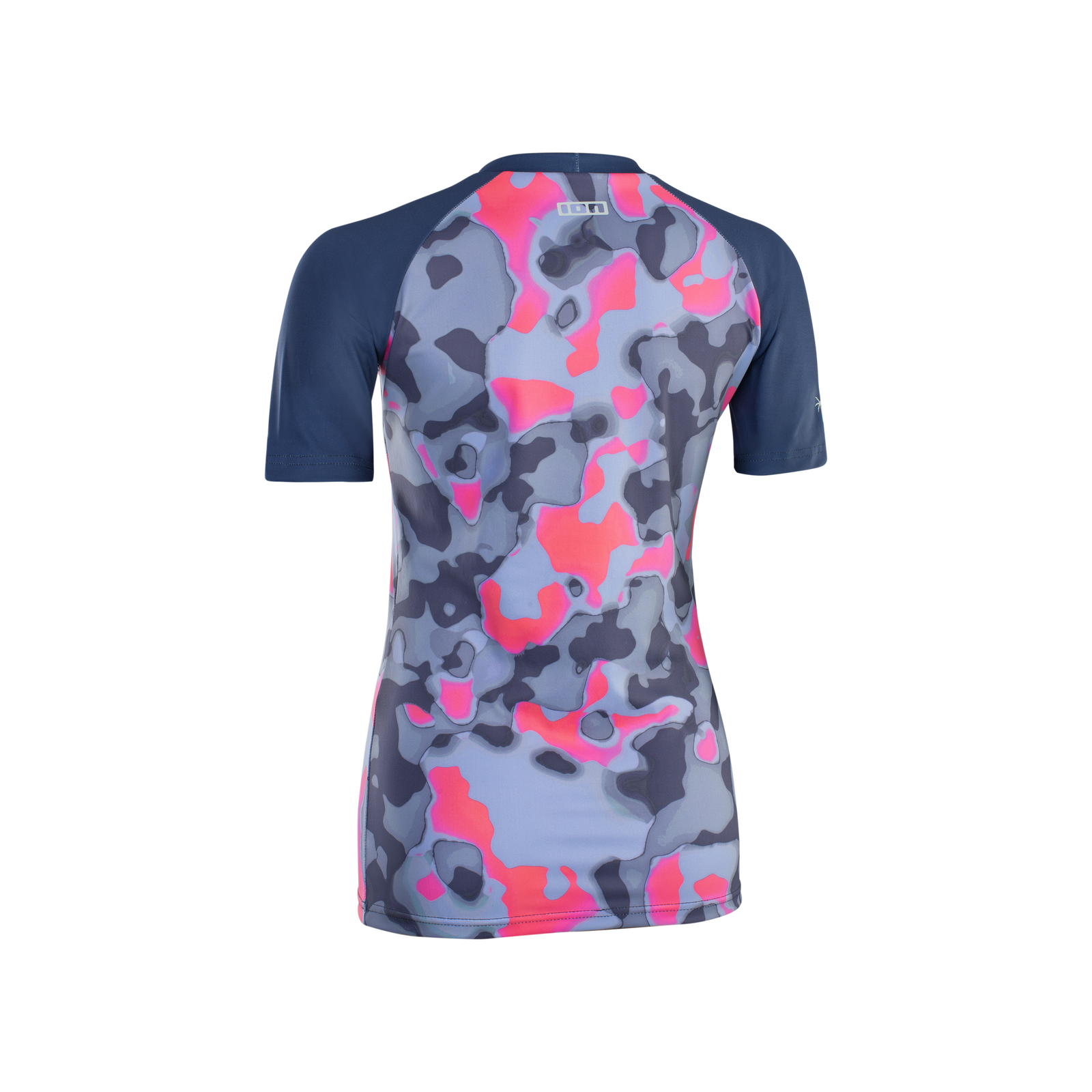 ION Lizz Rashguard Damen Kurzarm in marineblau mit abstraktem Camouflage-Print in rosa und grau