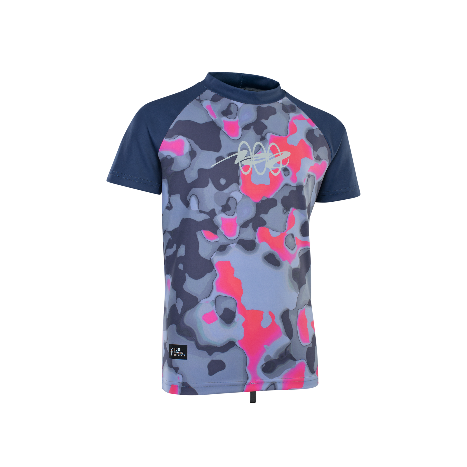 ION Capture Rashguard Kurzarm Mädchen in marineblau und neon-pink mit Camo-Print