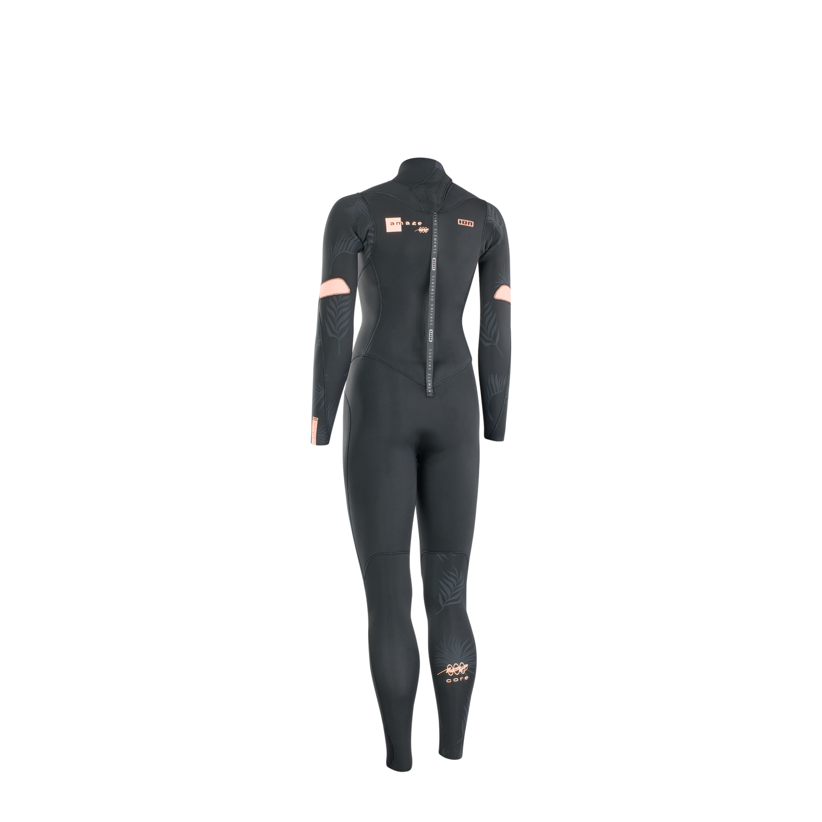 ION Amaze Core 5/4 mm Backzip Neoprenanzug in schwarz und lachs — Rückansicht