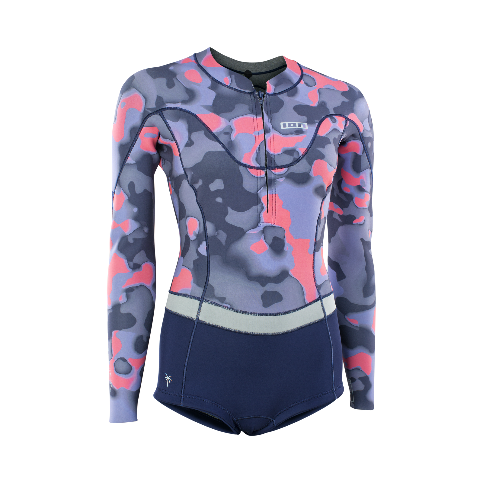 ION Amaze Hot Shorty 1.5mm front-zip long-sleeve shorty wetsuit in navy, lavender grey and coral