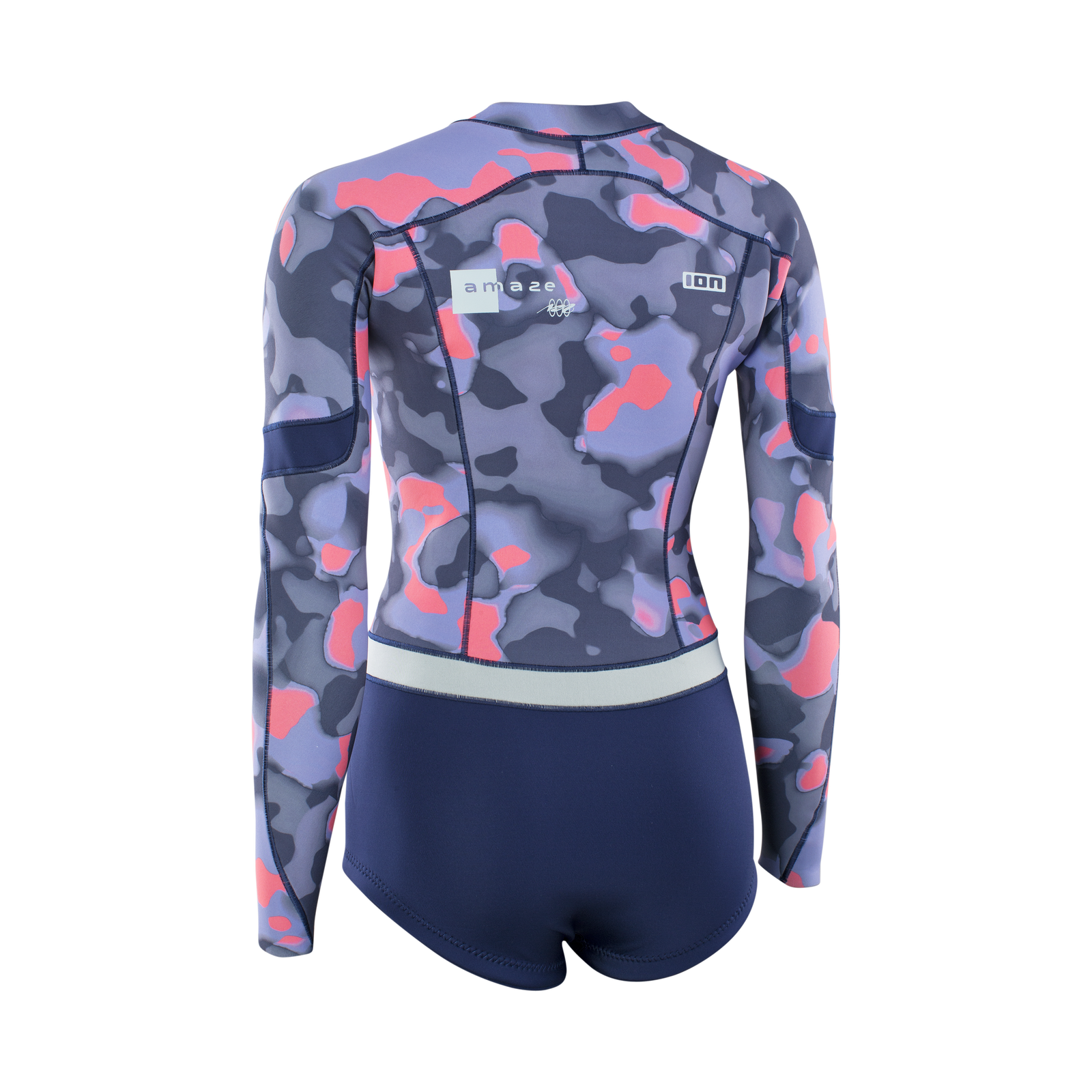 ION Amaze Hot Shorty 1.5mm long-sleeve front-zip shorty in camo lavender, coral and navy