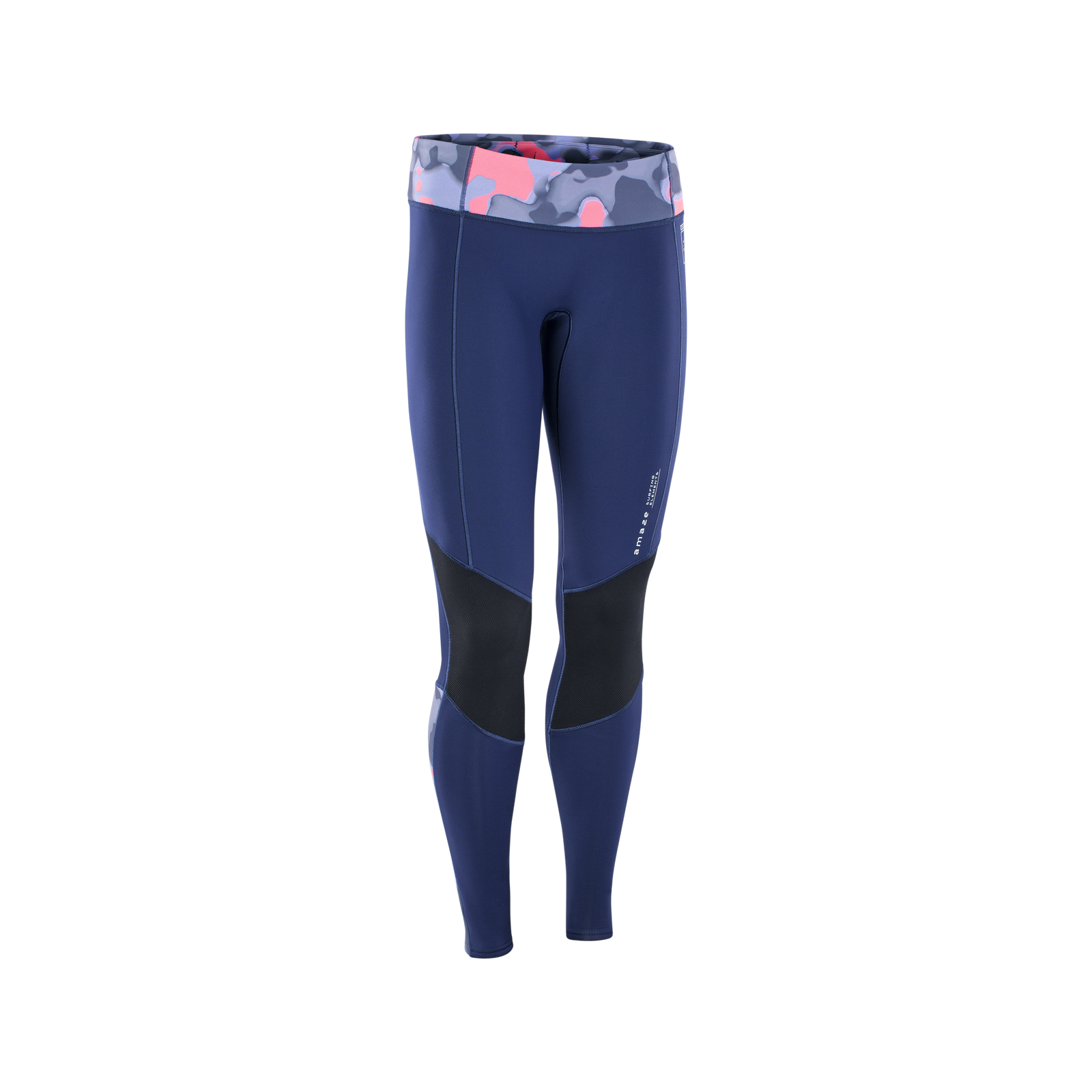 ION Amaze Long Pants 1.5mm neoprene pants in navy blue with camo waistband in light blue and coral