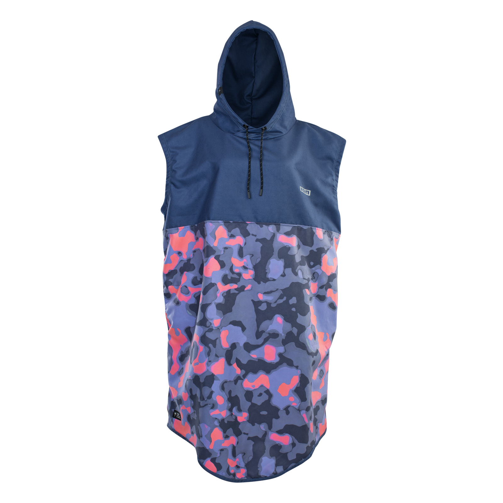 ION Poncho Select women's hooded poncho in navy blue with coral and lavender camouflage print