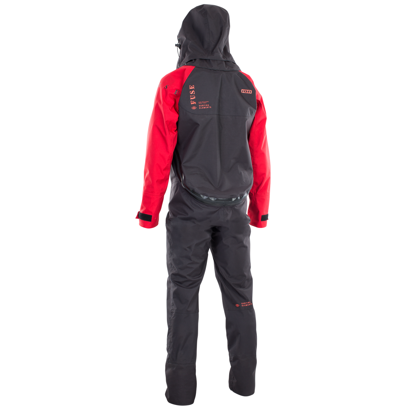 ION Fuse Lightweight Drysuit back-zip fullsuit in black and red — back view