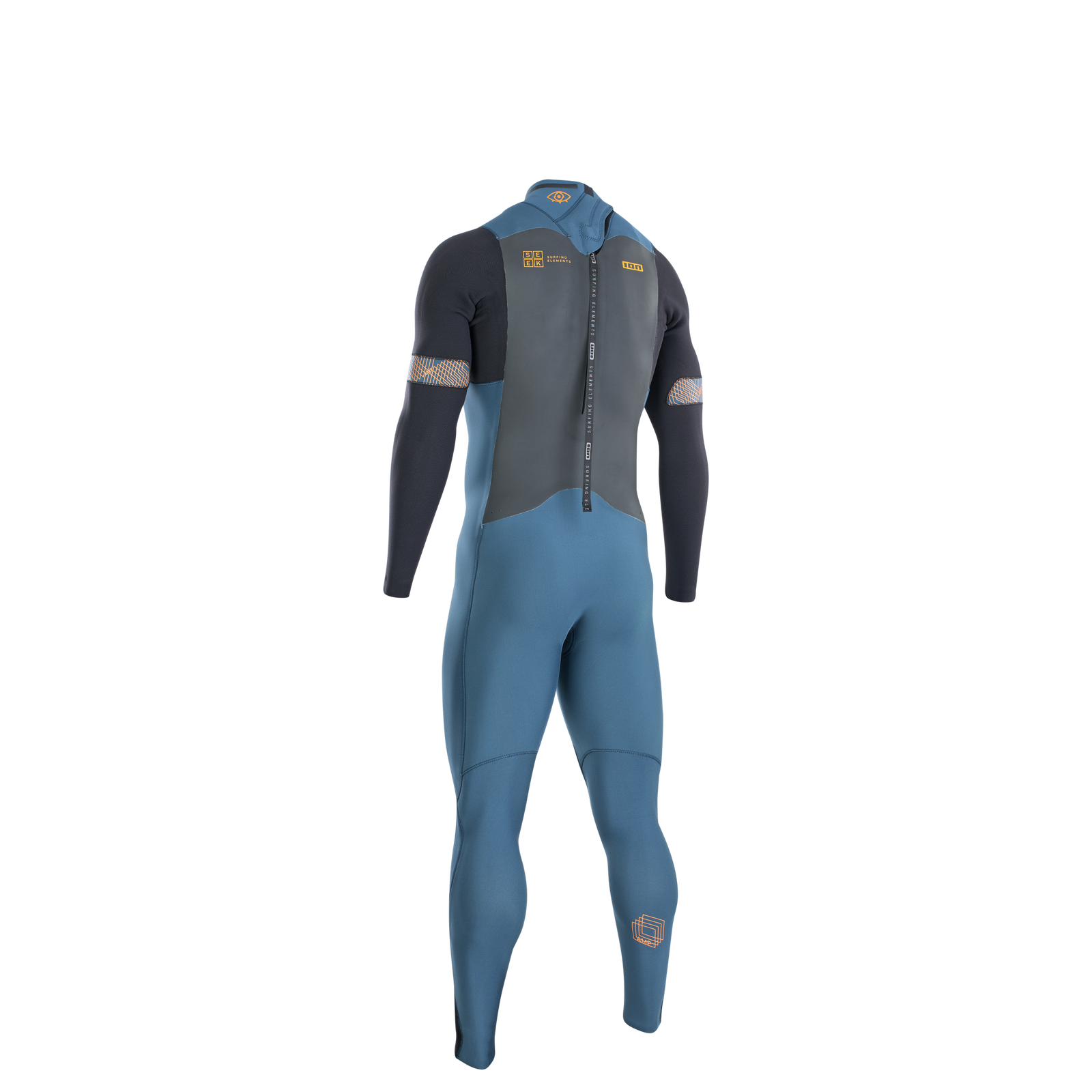 ION Seek Amp combinaison intégrale 5/4mm zip dorsal en bleu pétrole et gris foncé, vue arrière