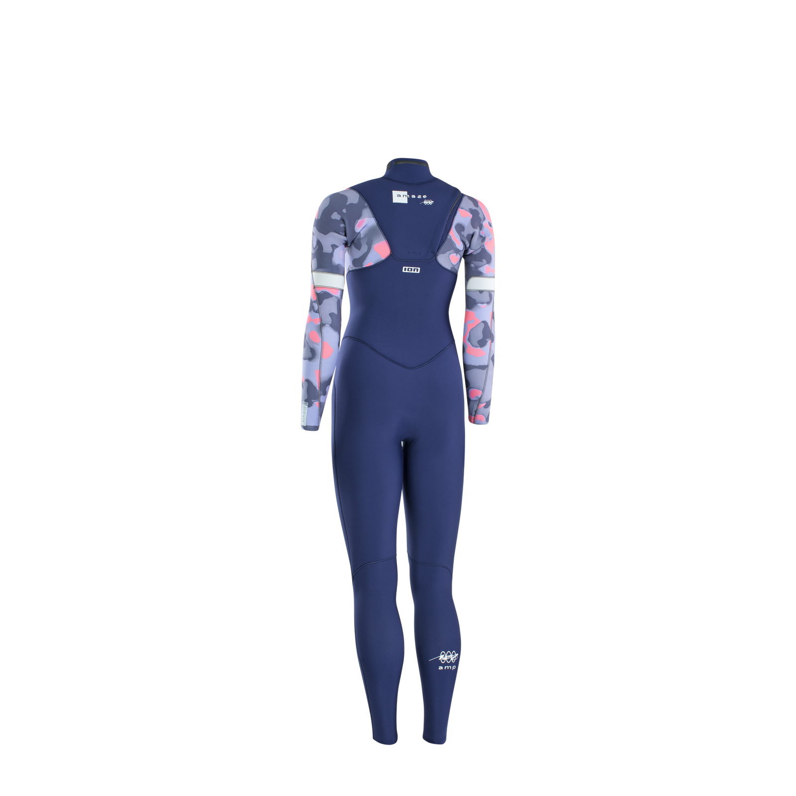 ION Amaze Amp combinaison intégrale néoprène 3/2mm zip frontal en bleu marine avec imprimé camouflage bleu-gris et corail