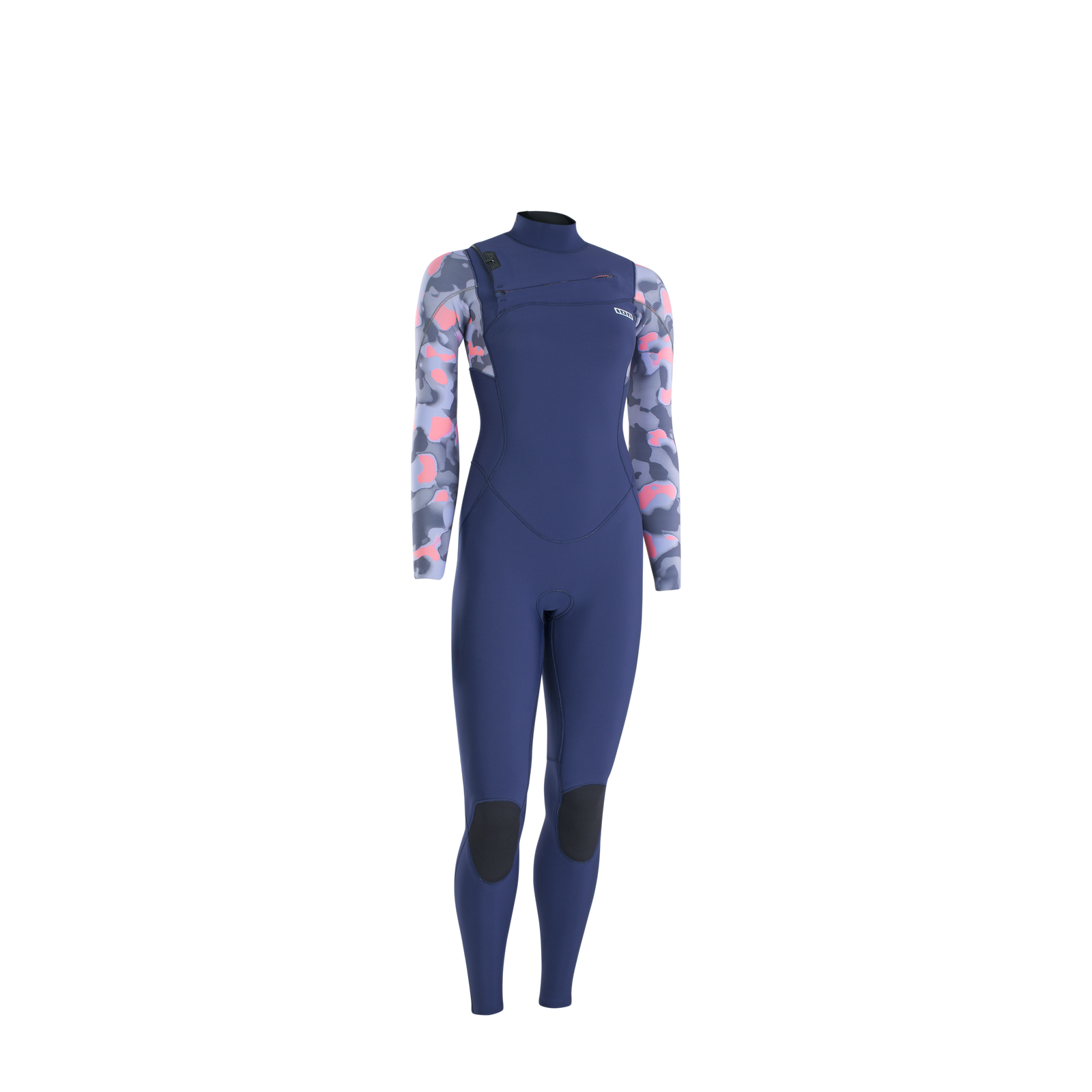 ION Amaze Amp combinaison néoprène 3/2mm zip frontal en bleu marine avec imprimé camo gris et corail