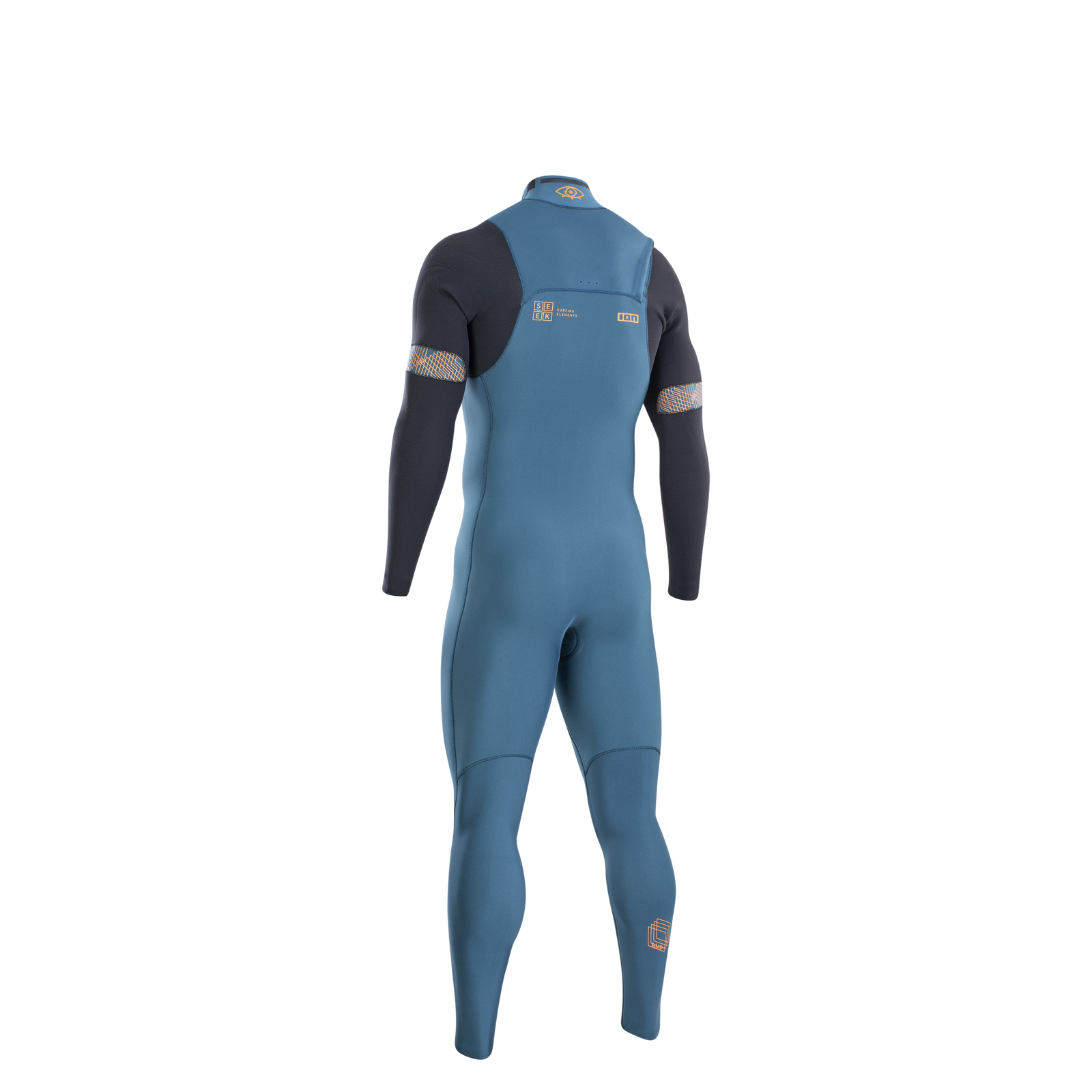 ION Seek Amp 3/2mm front-zip fullsuit wetsuit in ocean teal and dark navy back view