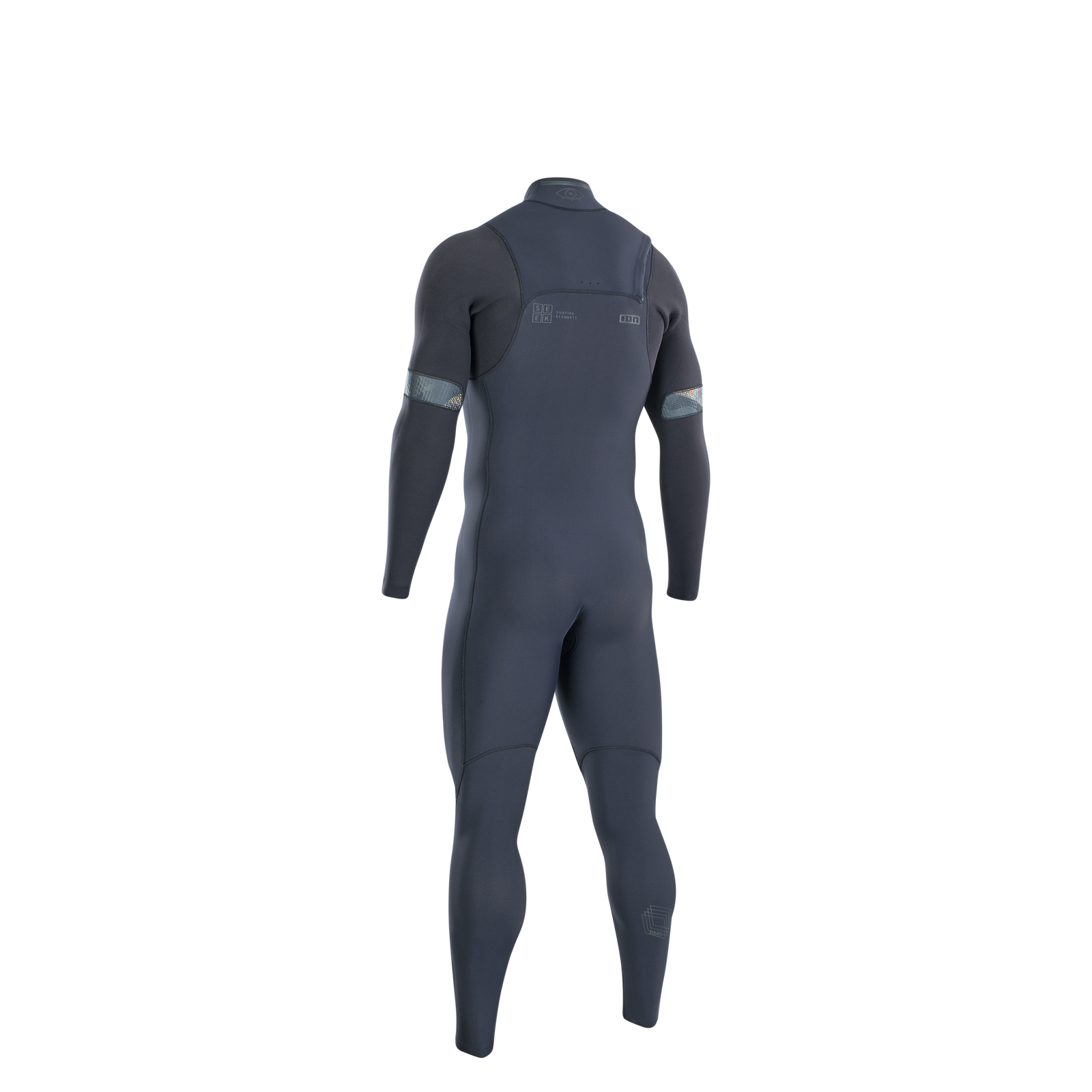 ION Seek Amp 5/4mm front-zip fullsuit wetsuit in dark navy — back view