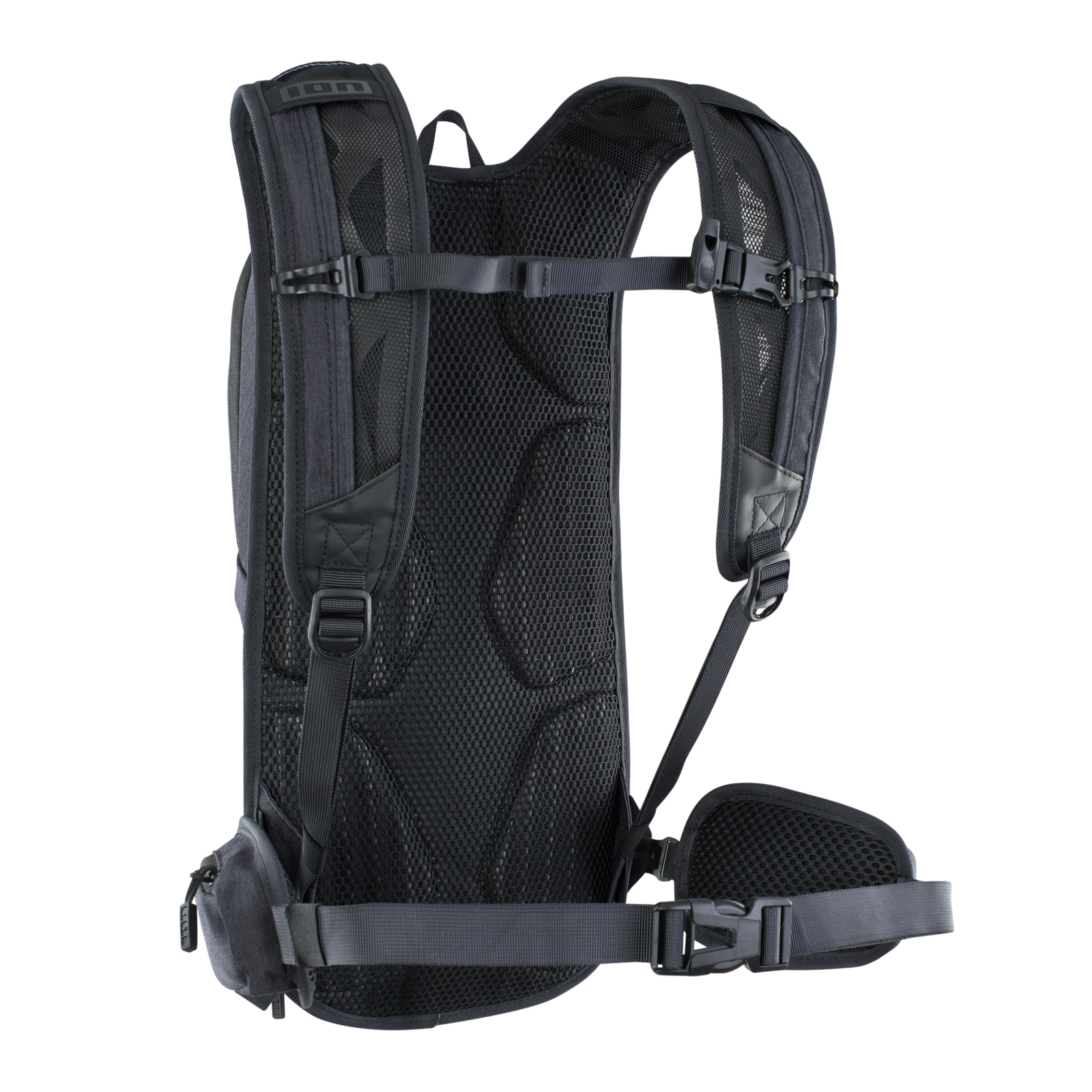 ION Villain backpack 8l in black rear view with mesh back panel and hip belt