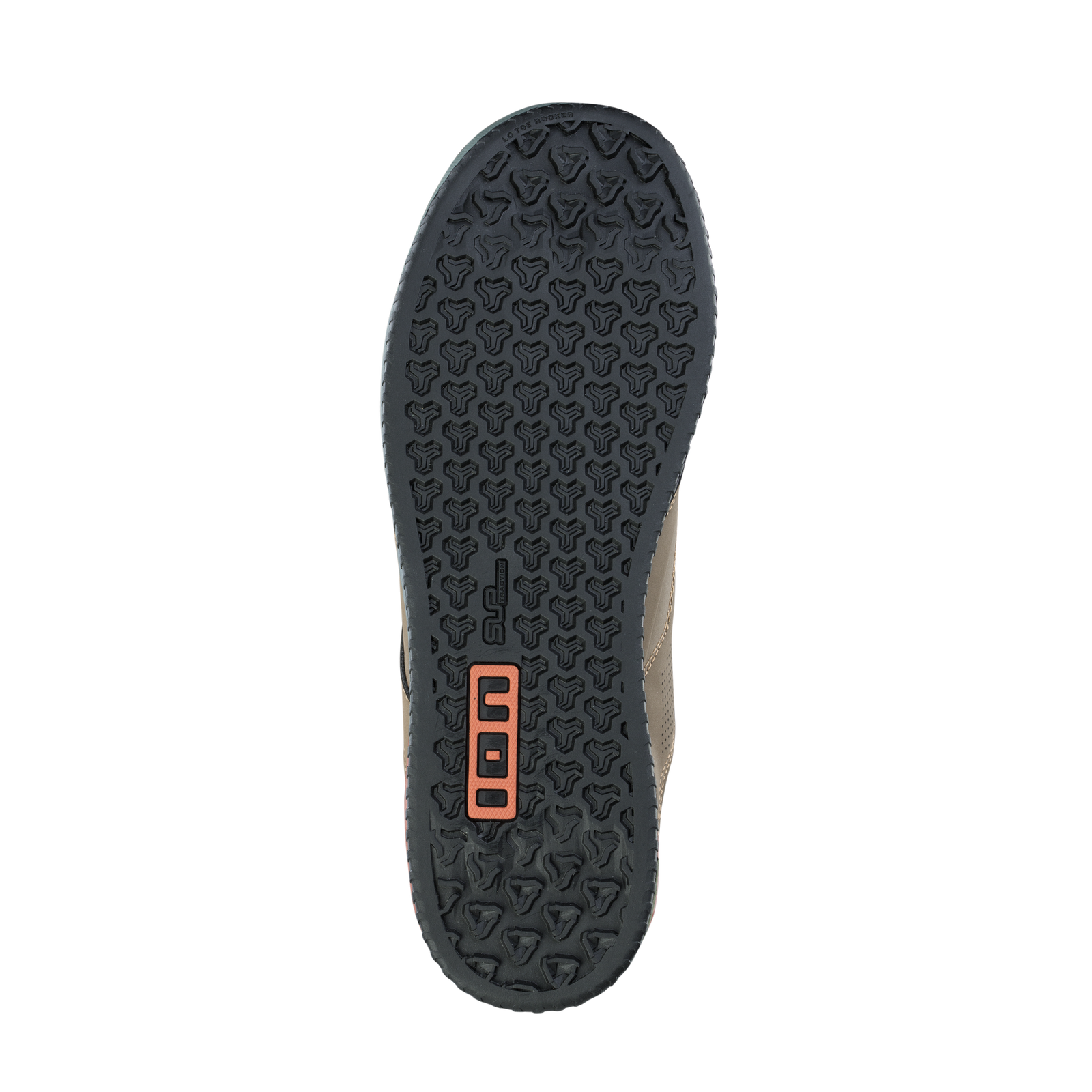 ION Scrub Amp flat pedal bike shoe outsole with Pin Tonic 2.0 traction pattern in charcoal and sand
