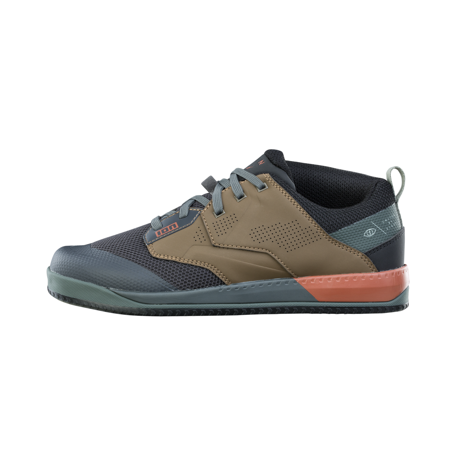 ION Scrub Amp flat pedal bike shoe in charcoal, tan and teal – lateral view