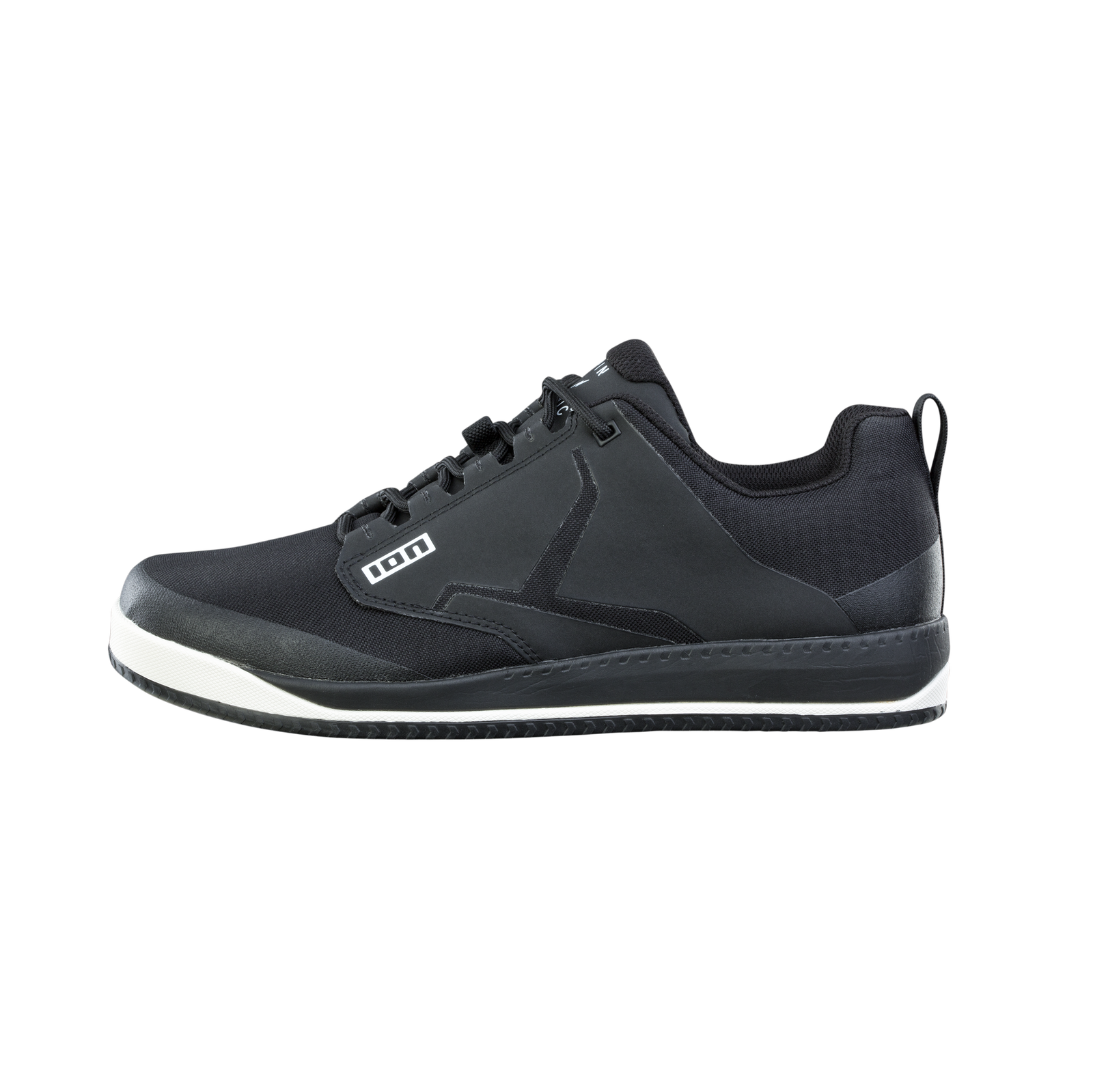 ION Scrub unisex flat pedal bike shoe in black with white sole, lateral view