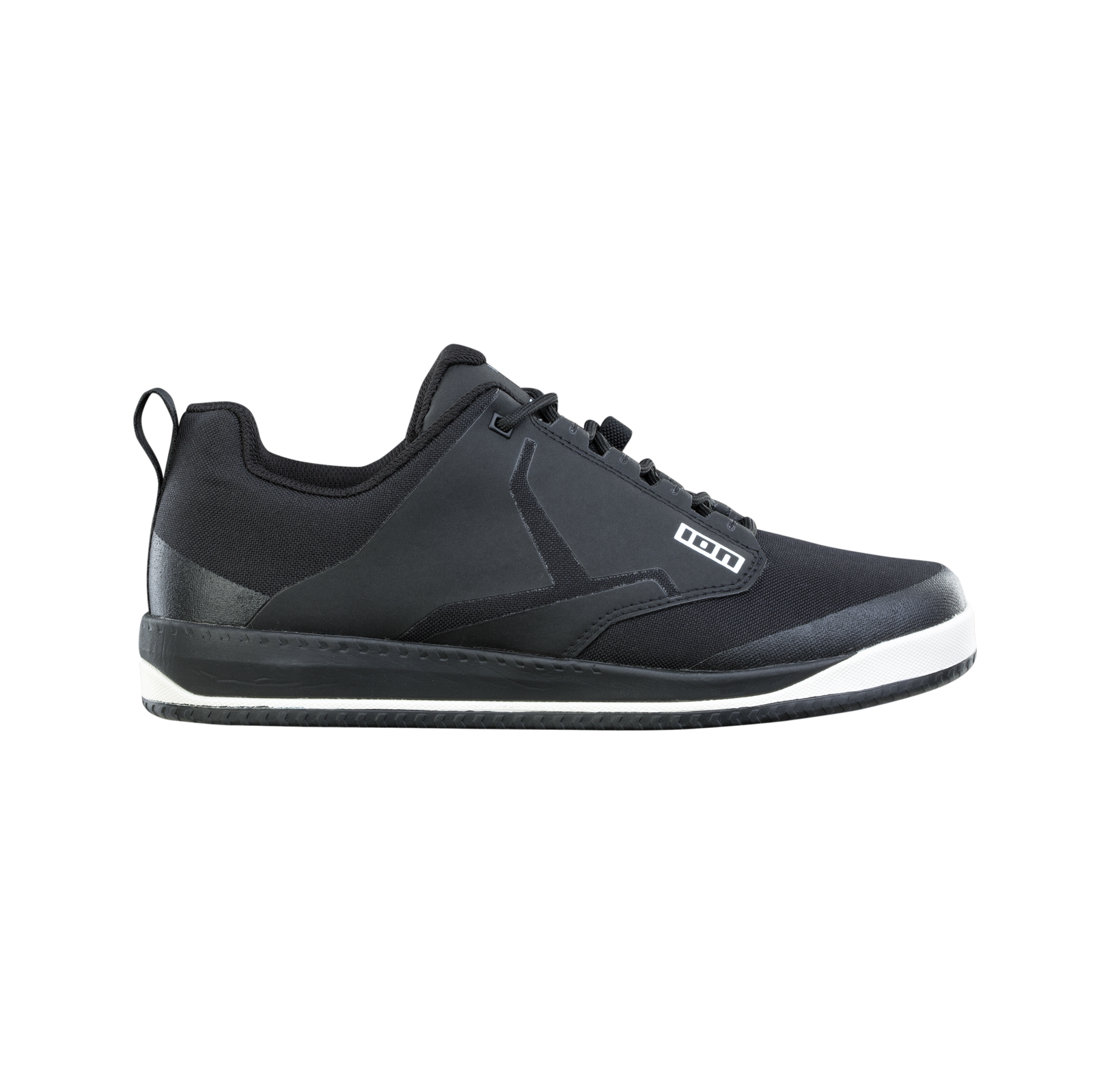 ION Scrub unisex flat pedal bike shoe in black with white midsole, side view