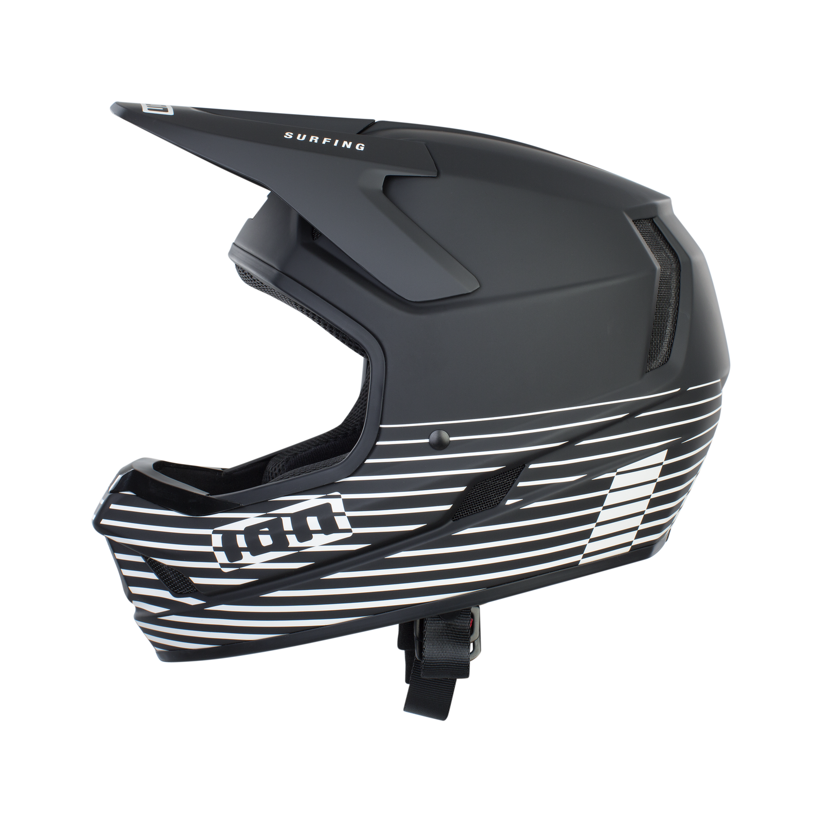 ION Scrub Amp Fullface-Helm in mattschwarz mit weißem Streifendesign, Dreiviertelansicht