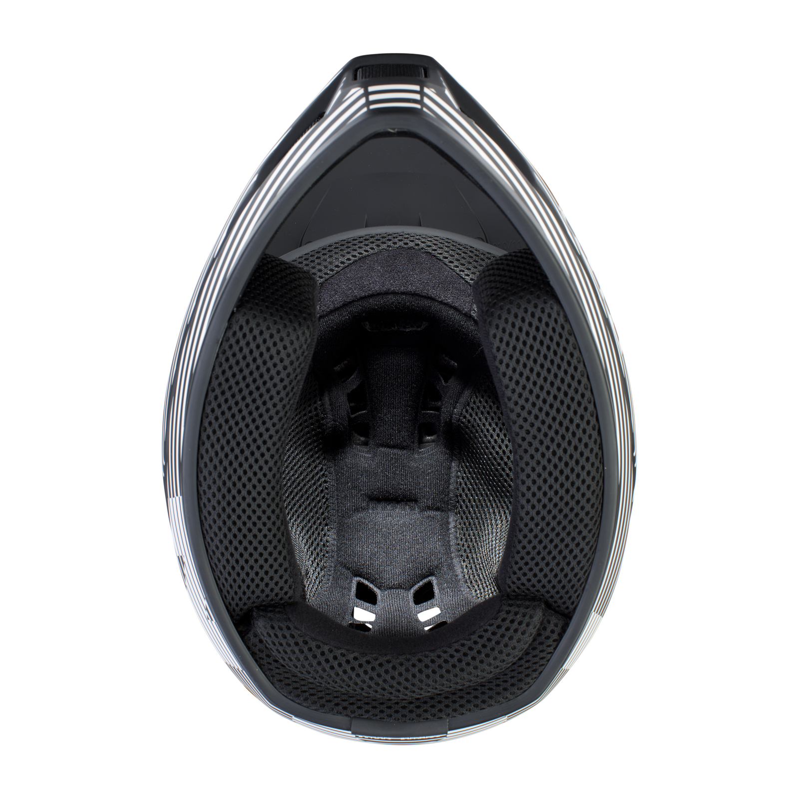ION Bike Scrub Amp Fullface-Helm in schwarz, Innenansicht von oben mit Polsterung und Belüftung