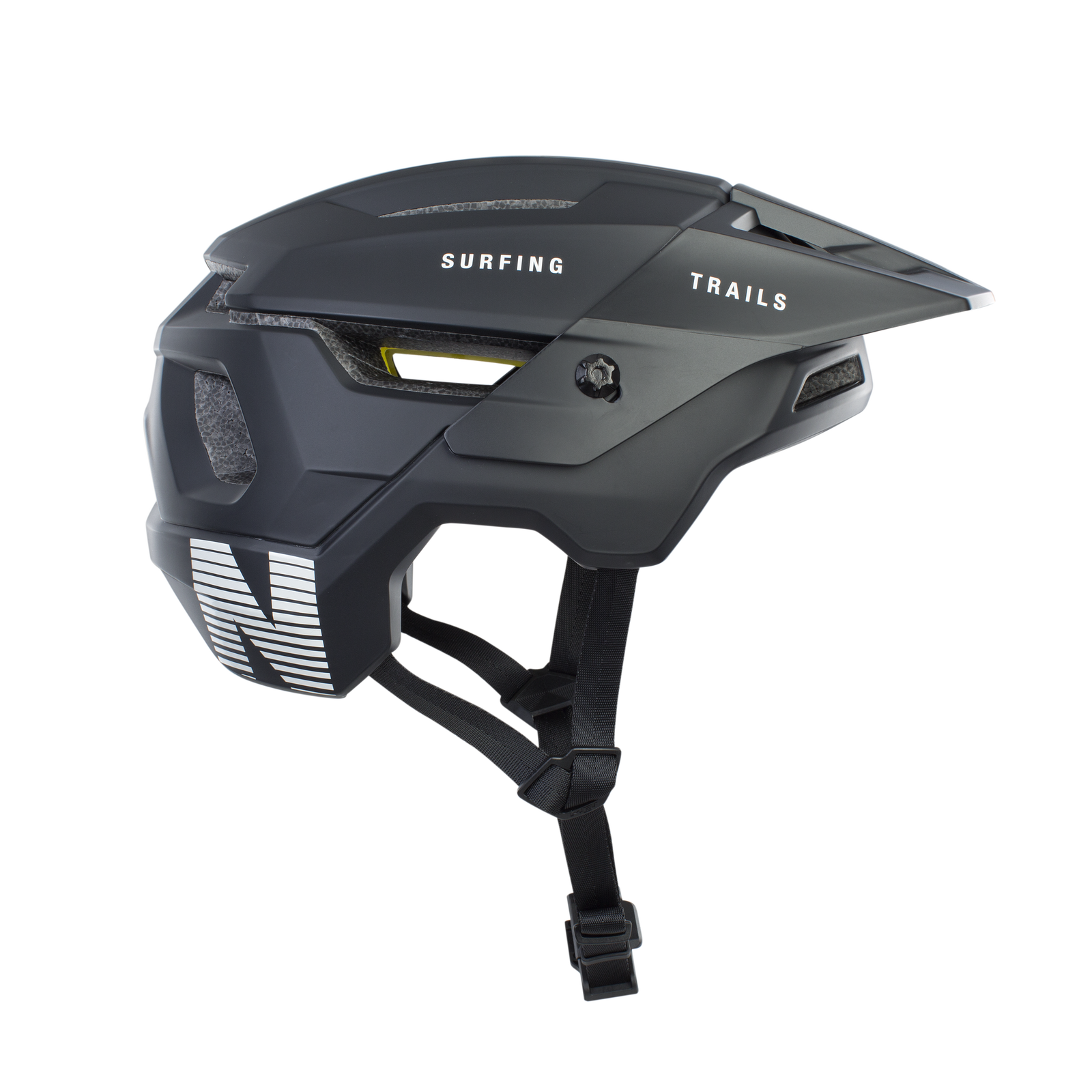 Casco MTB ION Traze Amp MIPS in grigio antracite scuro con visiera, vista tre quarti