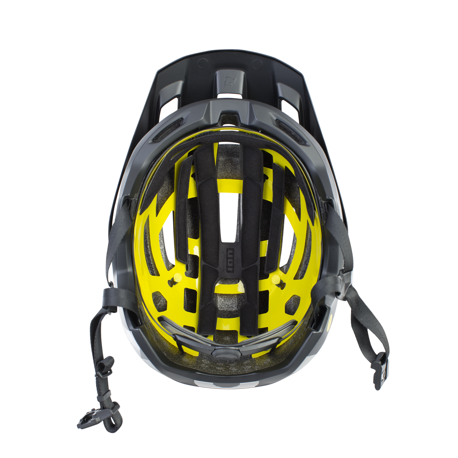 Casco MTB ION Traze Amp MIPS in nero con fodera MIPS giallo-verde, vista dall'alto